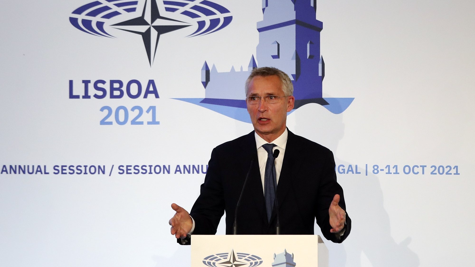 NATO Secretary General, Jens Stoltenberg, delivers a speech during the closing ceremony of the 67th Annual Session of the NATO Parliamentary Assembly (NPA) being held between 08 and 11st october in Lisbon, Portugal, 11 October 2021.  MANUEL DE ALMEIDA/LUSA