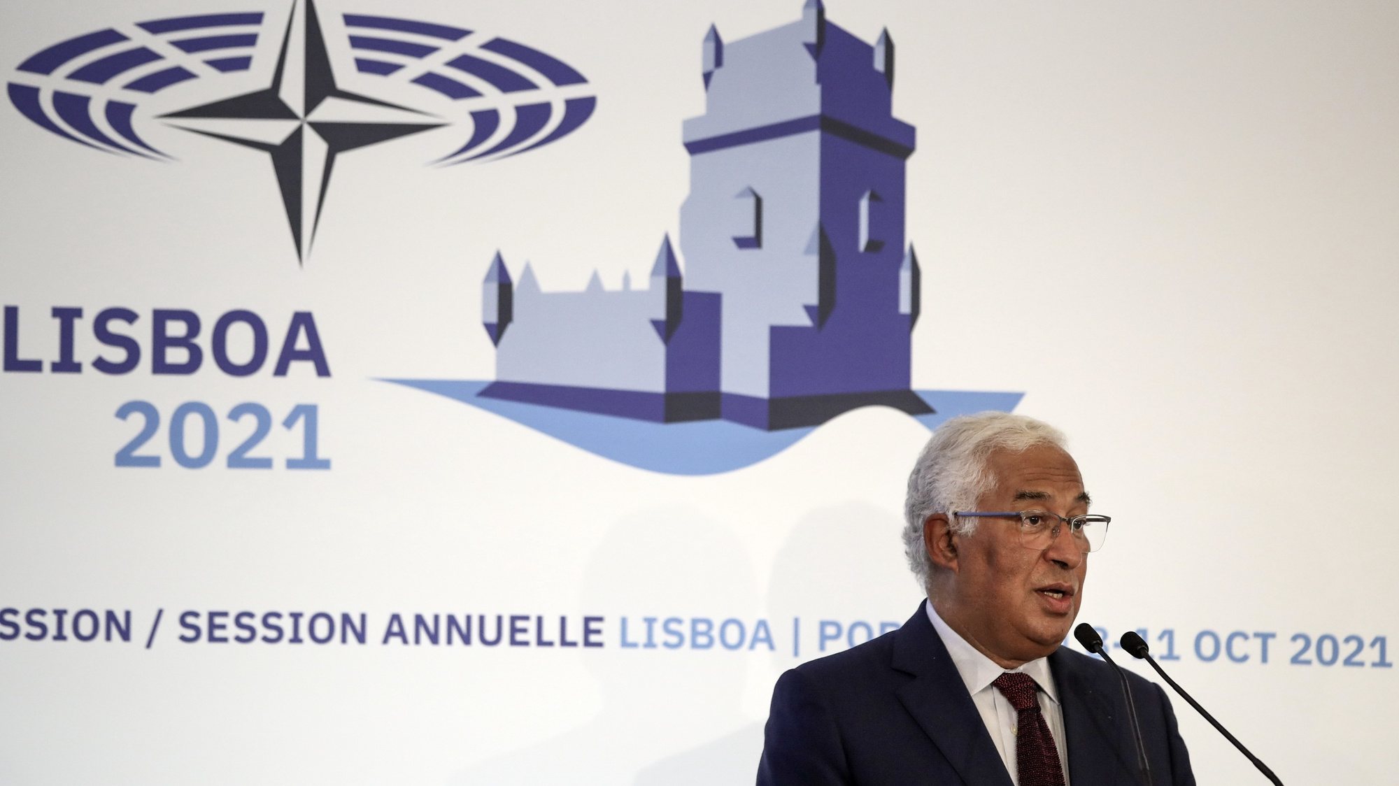 Portuguese Prime Minister, Antonio Costa, delivers a speech during the closing ceremony of the 67th Annual Session of the NATO Parliamentary Assembly (NPA) being held between 08 and 11st october in Lisbon, Portugal, 11 October 2021.  MANUEL DE ALMEIDA/LUSA