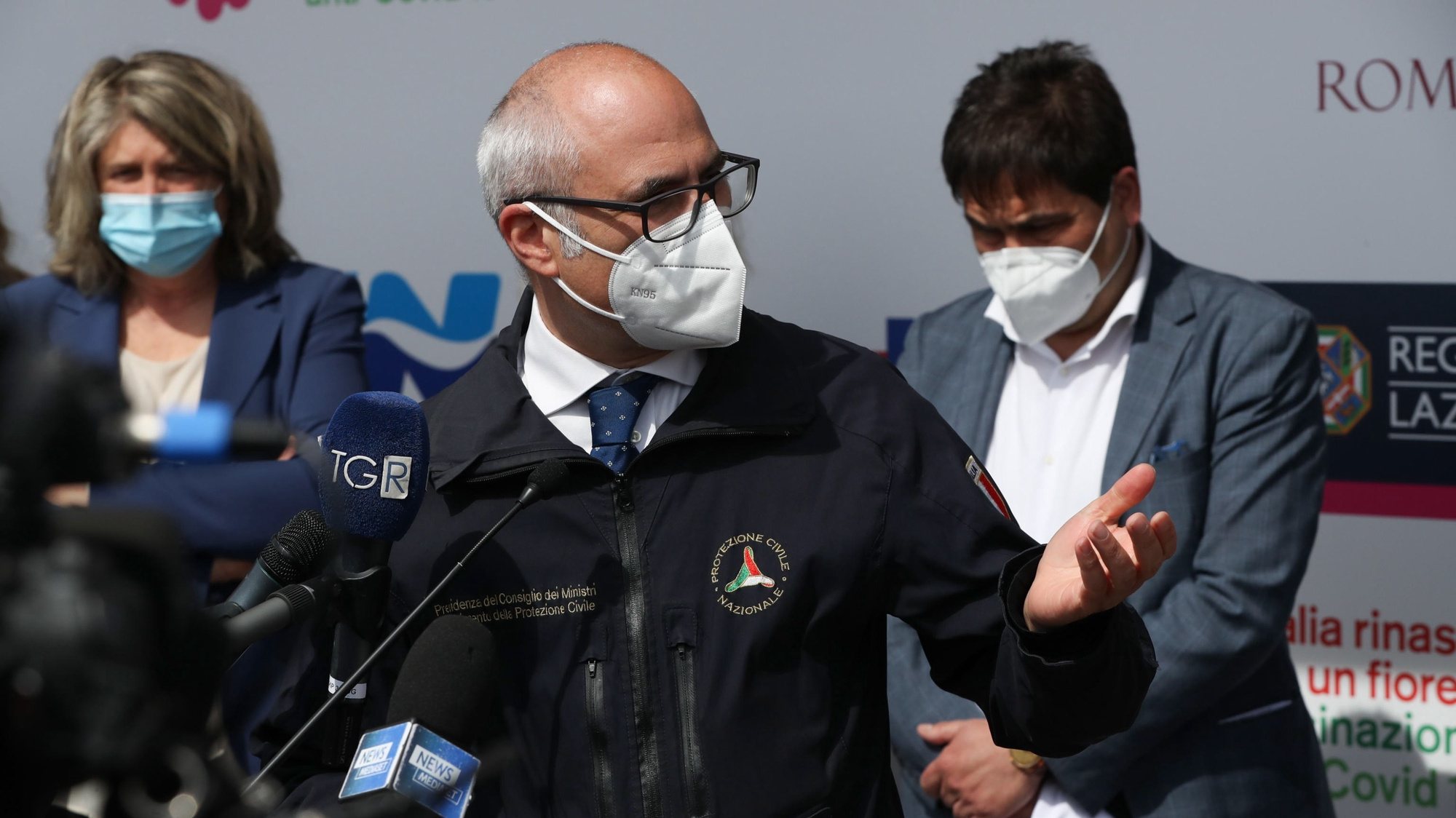 epa09175286 The Head of Civil Protection, Fabrizio Curcio, during the inauguration of the vaccination hub at the water polo center in Rome, Italy, 03 May 2021. Emergency Commissioner for Covid-19 Francesco Figliuolo said authorities are considering extending Astrazeneca vaccination to the &#039;age group under 60&#039;.  EPA/EMANUELE VALERI