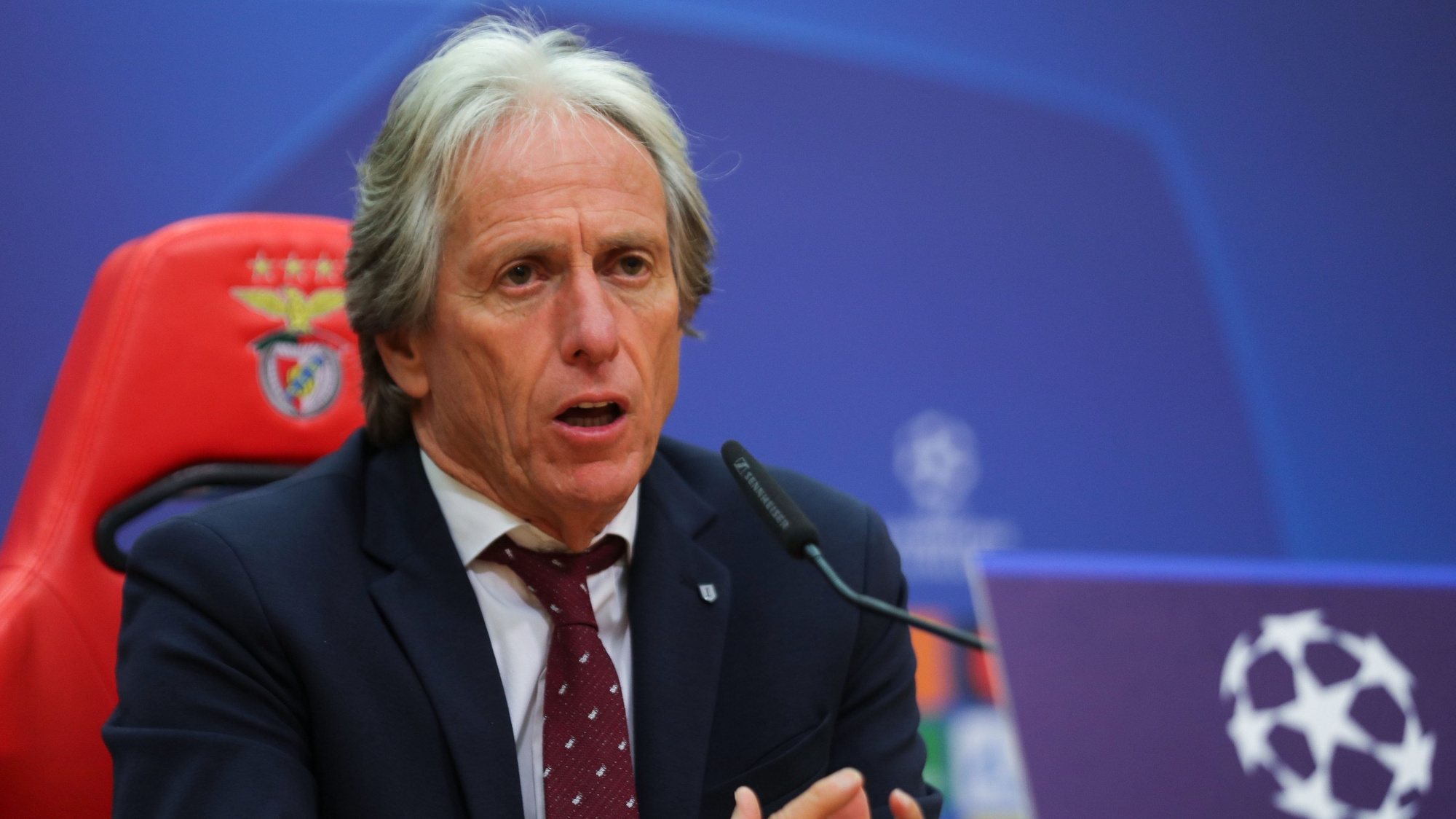 Benfica&#039;s head coach Jorge Jesus attends a press conference at Benfica Campus in Seixal, outskirts of Lisbon, Portugal, 22 November 2021. Benfica will face Barcelona in their UEFA Champions League group E soccer match on 23 November 2021. MIGUEL A. LOPES/LUSA