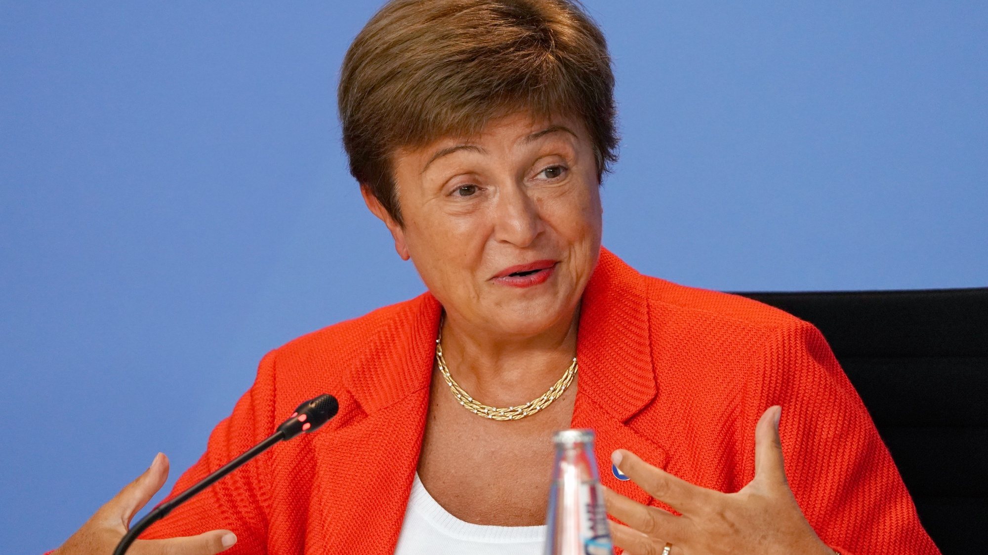 A diretora executiva do Fundo Monetário Internacional, Kristalina Georgieva, numa conferência de imprensa em Berlim, na Alemanha. 26 de agosto de 2021