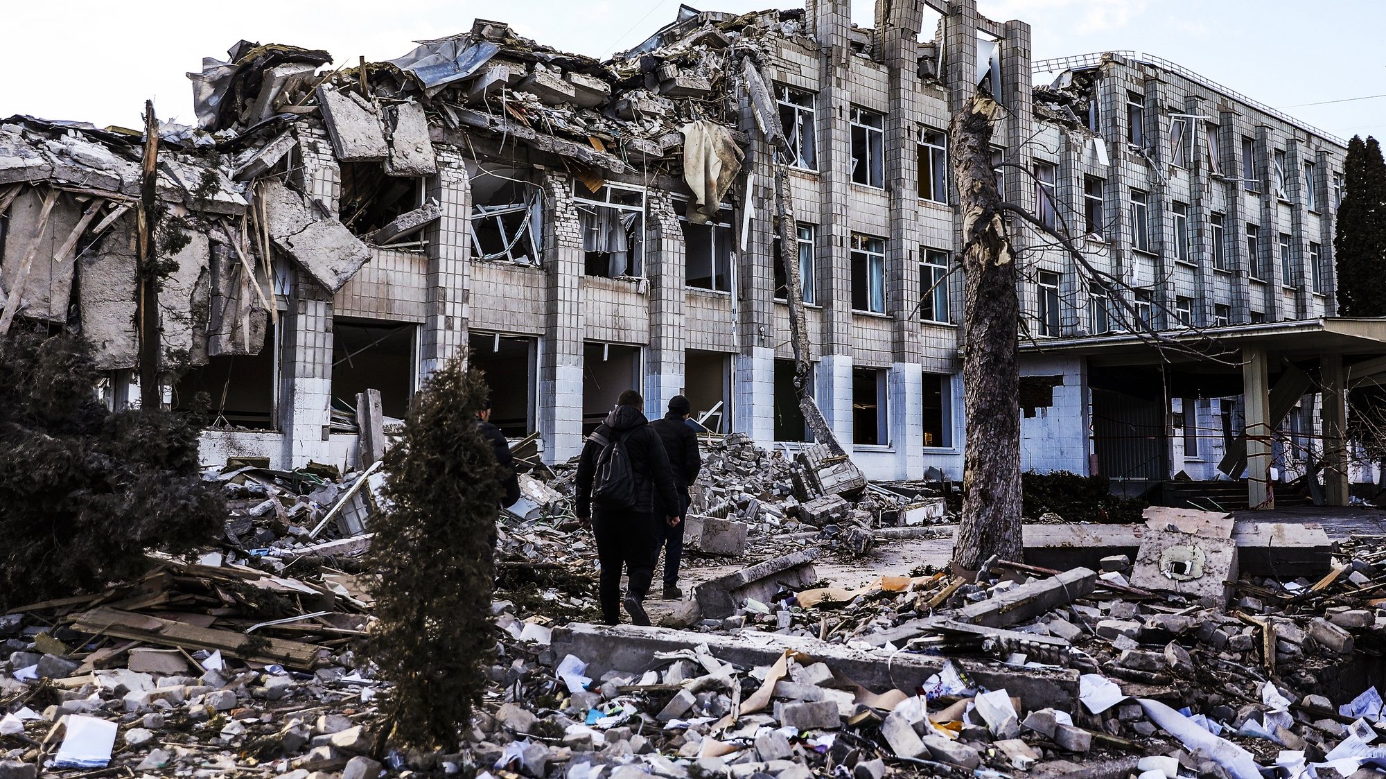 The main building of school number 25 in Zhytomyr, Ukraine destroyed after being bombed, March 11, 2022. Russian troops entered Ukraine on 24 February prompting the country&#039;s president to declare martial law and triggering a series of announcements by Western countries to impose severe economic sanctions on Russia.  MIGUEL A. LOPES/LUSA