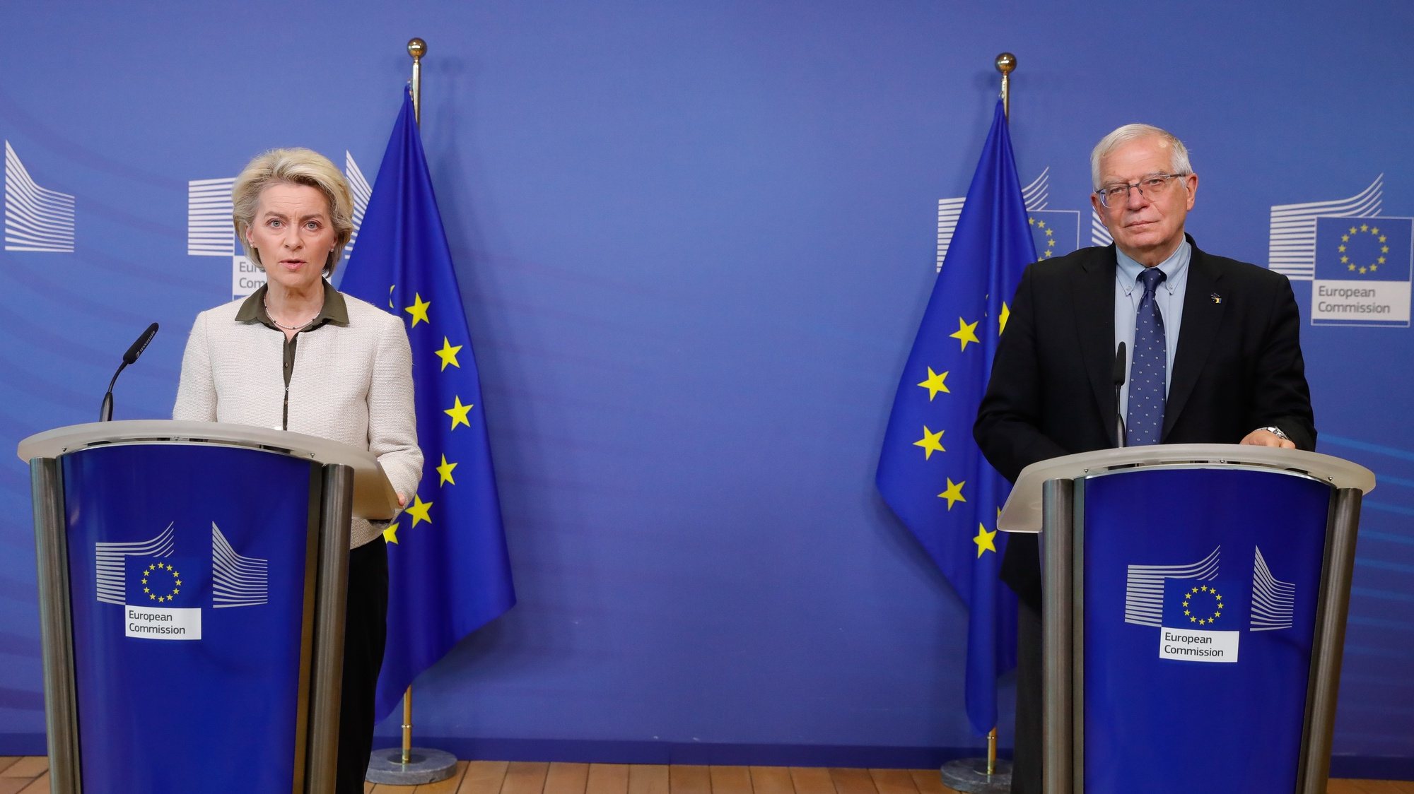 epa09789542 European Commission President Ursula von der Leyen (L) and European Union for Foreign Affairs and Security Policy Josep Borrell (R) give a joint press statement on further measures to respond to the Russian invasion of Ukraine, at the European Commission in Brussels, Belgium, 27 February 2022. Von der Leyen announced the EU will shut down its airspace to Russian planes, ban Russian state media outlets RT and Sputnik, and buy and send weapons to Ukraine. Russian troops entered Ukraine on 24 February prompting the country&#039;s president to declare martial law and triggering a series of announcements by Western countries to impose severe economic sanctions on Russia.  EPA/STEPHANIE LECOCQ / POOL