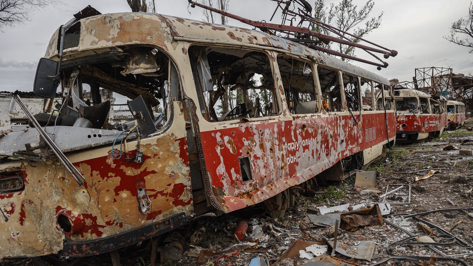 epaselect epa09965004 A destroyed tram at a tram depot in Mariupol, Ukraine, 21 May 2022 (issued 22 May 2022). According to the Head of the self-proclaimed Donetsk People&#039;s Republic Denis Pushilin, 60 percent of the houses in Mariupol were destroyed, 20 percent of which cannot be rebuilt. The Chief spokesman of the Russian Defense Ministry, Major General Igor Konashenkov, said on 20 May that the long-besieged Azovstal steel plant in Mariupol was under full Russian army control.  EPA/ALESSANDRO GUERRA