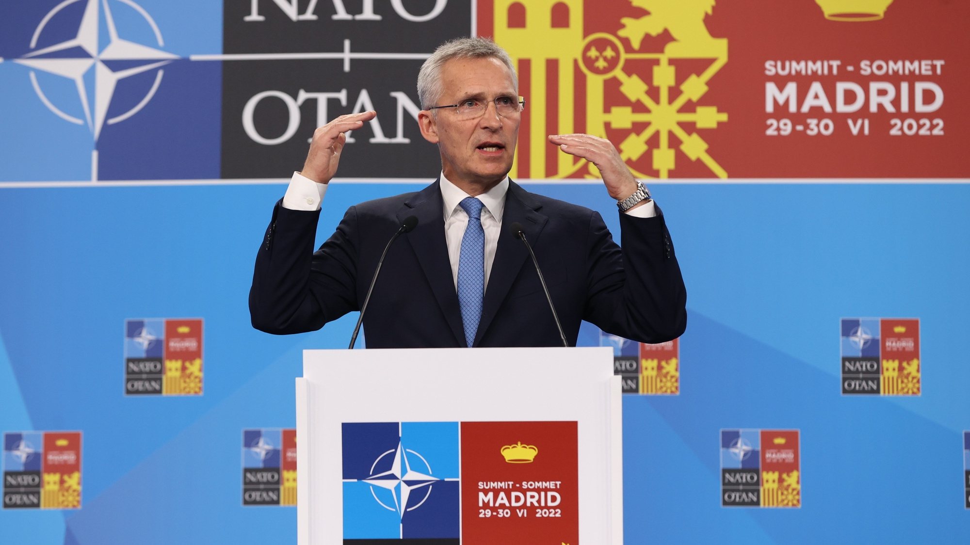 epa10041832 NATO Secretary-General Jens Stoltenberg attends a press conference on the first day of the NATO Summit at IFEMA Convention Center, in Madrid, Spain, 29 June 2022. Heads of State and Government of NATO&#039;s member countries and key partners are gathering in Madrid from 29 to 30 June to discuss security concerns like Russia&#039;s invasion of Ukraine and other challenges. Spain is hosting 2022 NATO Summit coinciding with the 40th anniversary of its accession to NATO.  EPA/Kiko Huesca