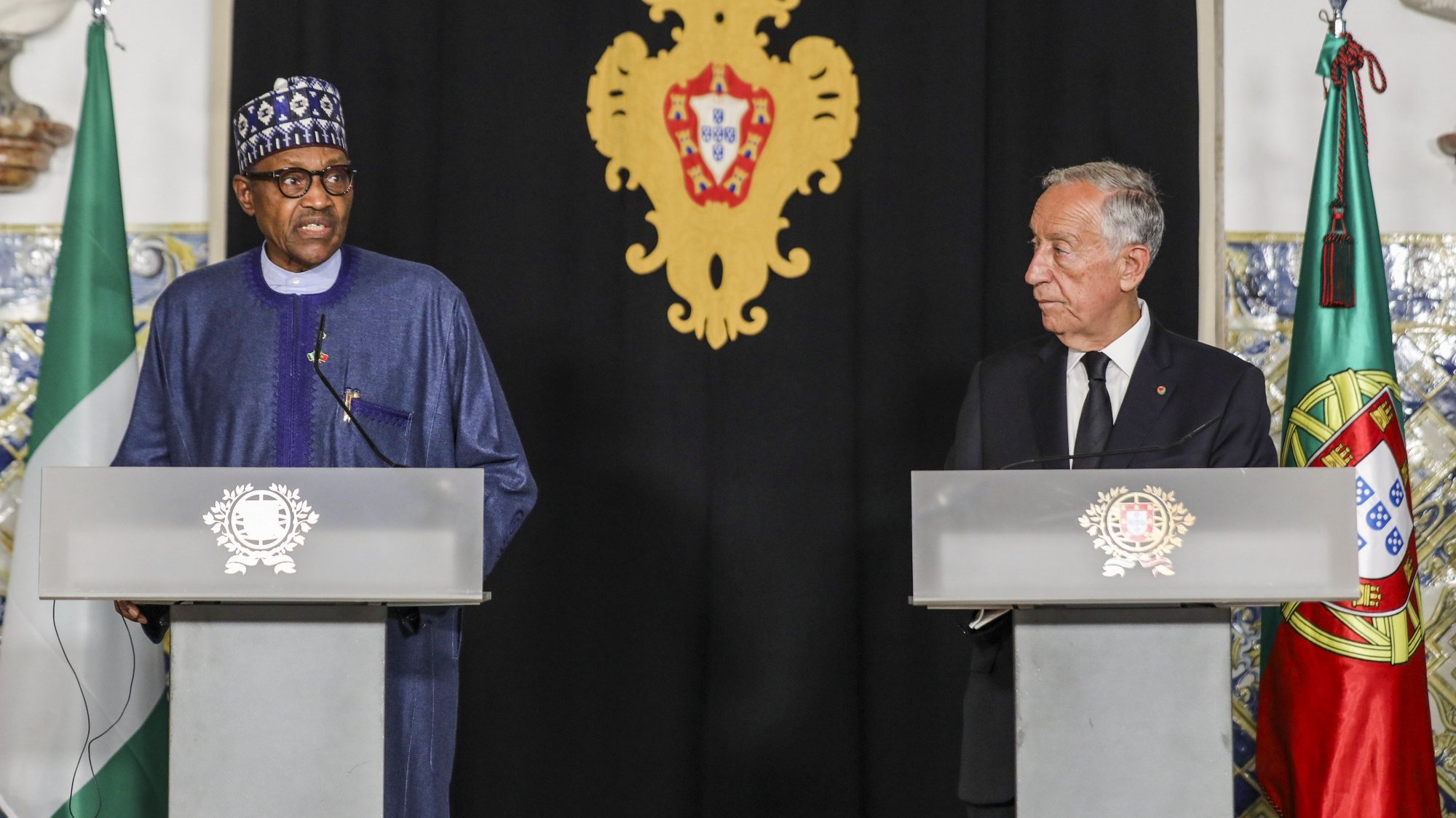Portugal&#039;s President Marcelo Rebelo de Sousa (R) and the Nigeria&#039;s President Muhammadu Buhari (L) attend a press conference after a meeting at Belem Palace in Lisbon, Portugal, 30 June 2022. MIGUEL A. LOPES/LUSA