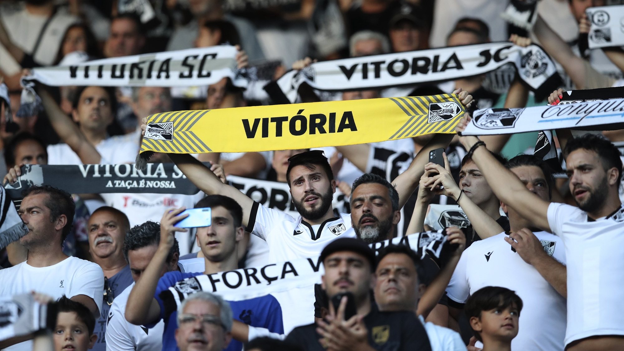 Vitoria de Guimaraes supporters during their UEFA Europa Conference League qualification soccer match against Puskas Akademia, held at D. Afonso Henriques stadium, in Guimaraes, north of Portugal, 21 July 2022. JOSE COELHO/LUSA