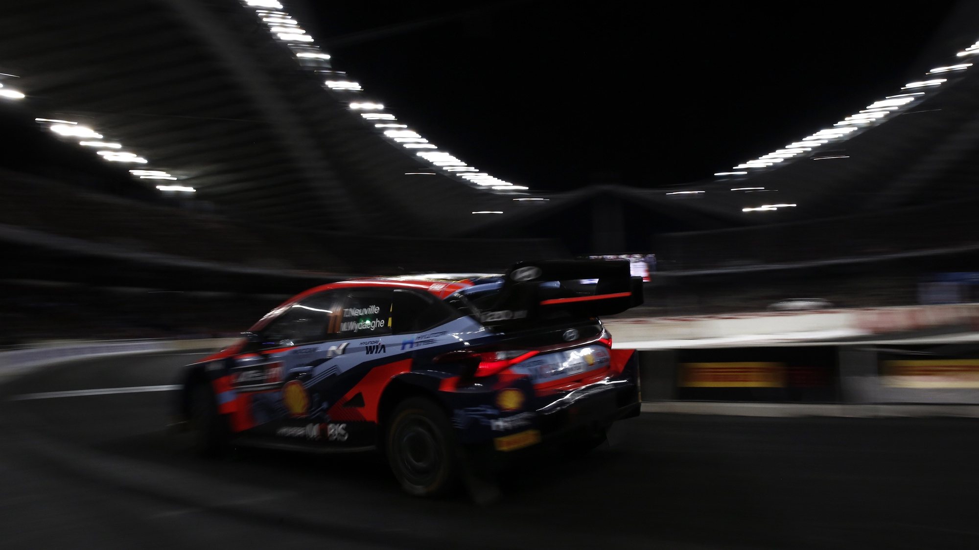 epa10170823 Belgium&#039;s Thierry Neuville and his co-pilot Martijn Wydaeghe drive their Hyundai i20 N Rally1 HYBRID during the Super Stage of the Acropolis Rally 2022 at the Olympic Stadium, in Athens, Greece, 8 September 2022. A total of 70 entries, with crews from 31 countries, constitute the starting list of the EKO Acropolis Rally 2022, which is taking place from 8 to 11 September in Greece. The event would be the 10th round of the 2022 World Rally Championship (WRC).  EPA/YANNIS KOLESIDIS