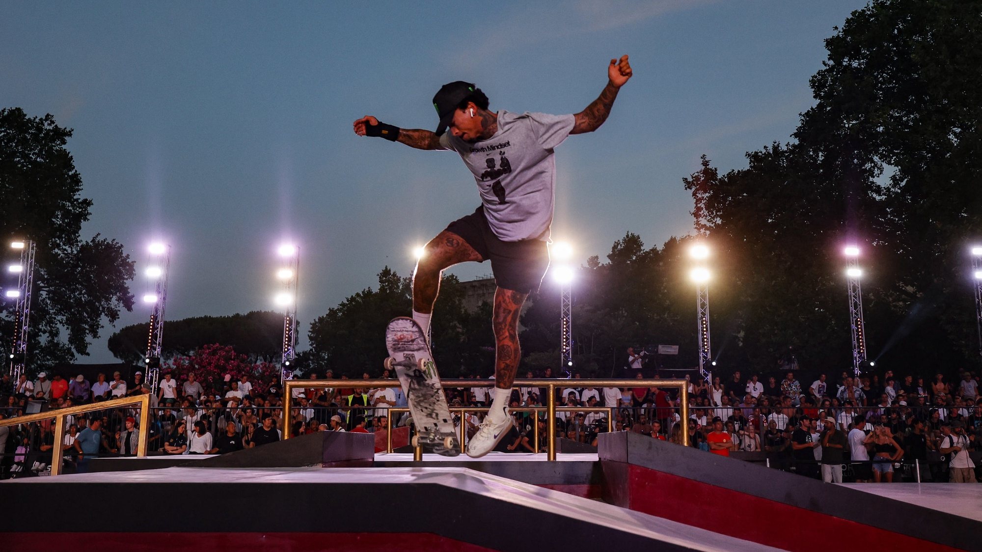 epa10050681 Gustavo Ribeiro of Portugal during the men&#039;s final of the Street Skateboarding World Championships at the Colle Oppio Park in Rome, Italy, 03 July 2021.  EPA/FABIO FRUSTACI