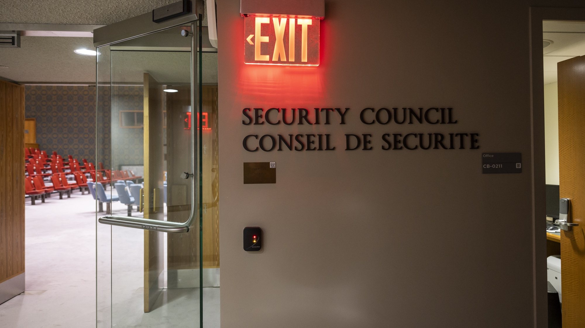 epa10000668 View of the entrance of the room of the United Nations Security Council, at the UN headquarters in New York, USA, 07 June 2022. The UN General Assembly will vote on membership for the Security Council for the period 2023-2024 on 09 June. Five member states, Ecuador, Japan, Malta, Mozambique, and Switzerland are currently running for the five available seats.  EPA/ALESSANDRO DELLA VALLE