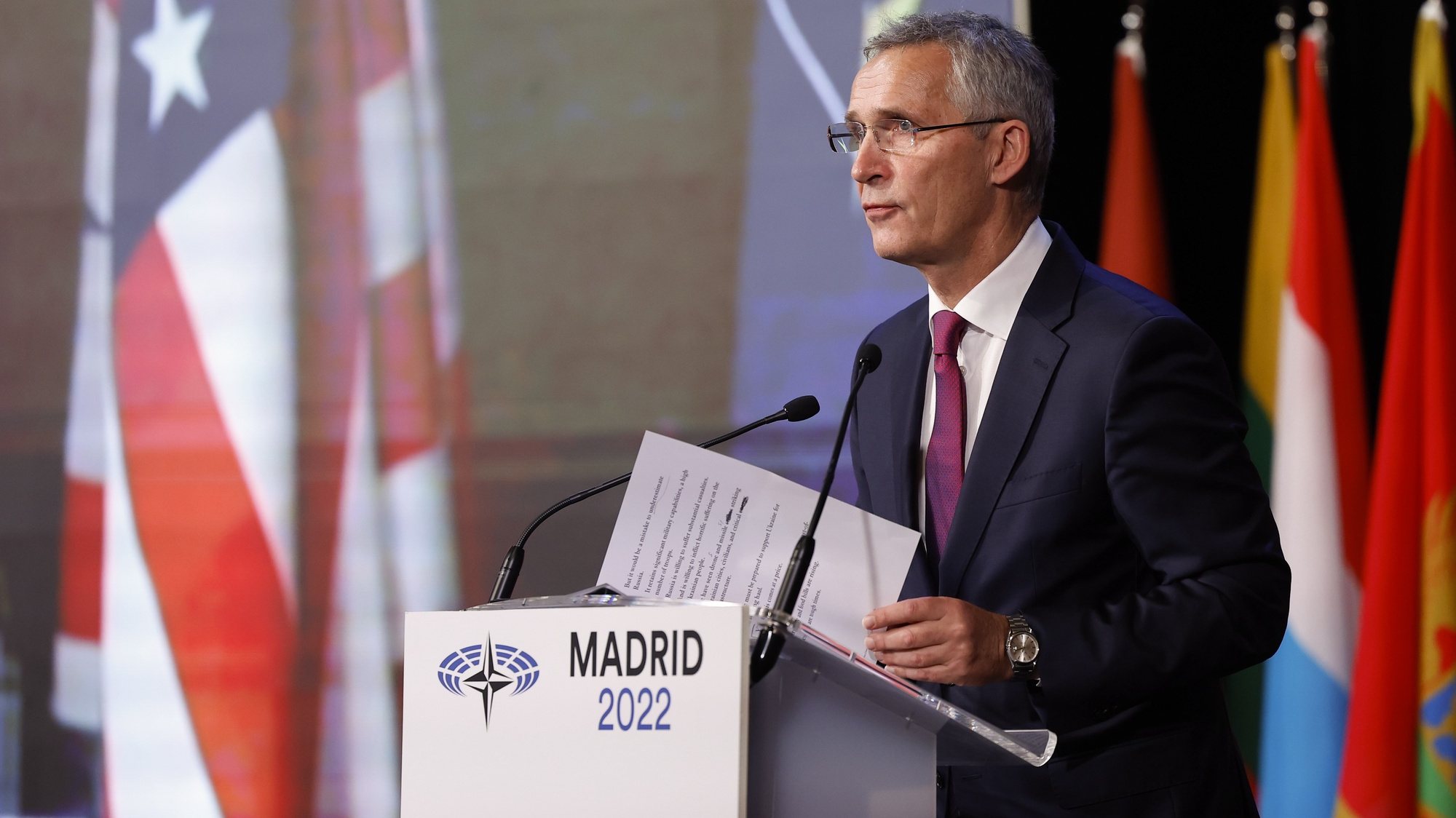 epa10317464 NATO Secretary General Jens Stoltenberg delivers a speech during the 68th NATO Parliamentary Assembly in Madrid, Spain, 21 November 2022. NATO Parliamentary Assemblys Annual Session runs in Spains capital from 18 to 21 November 2022, with the participation, by telematic means, the President of Ukraine, Volodymyr Zelensky.  EPA/CHEMA MOYA