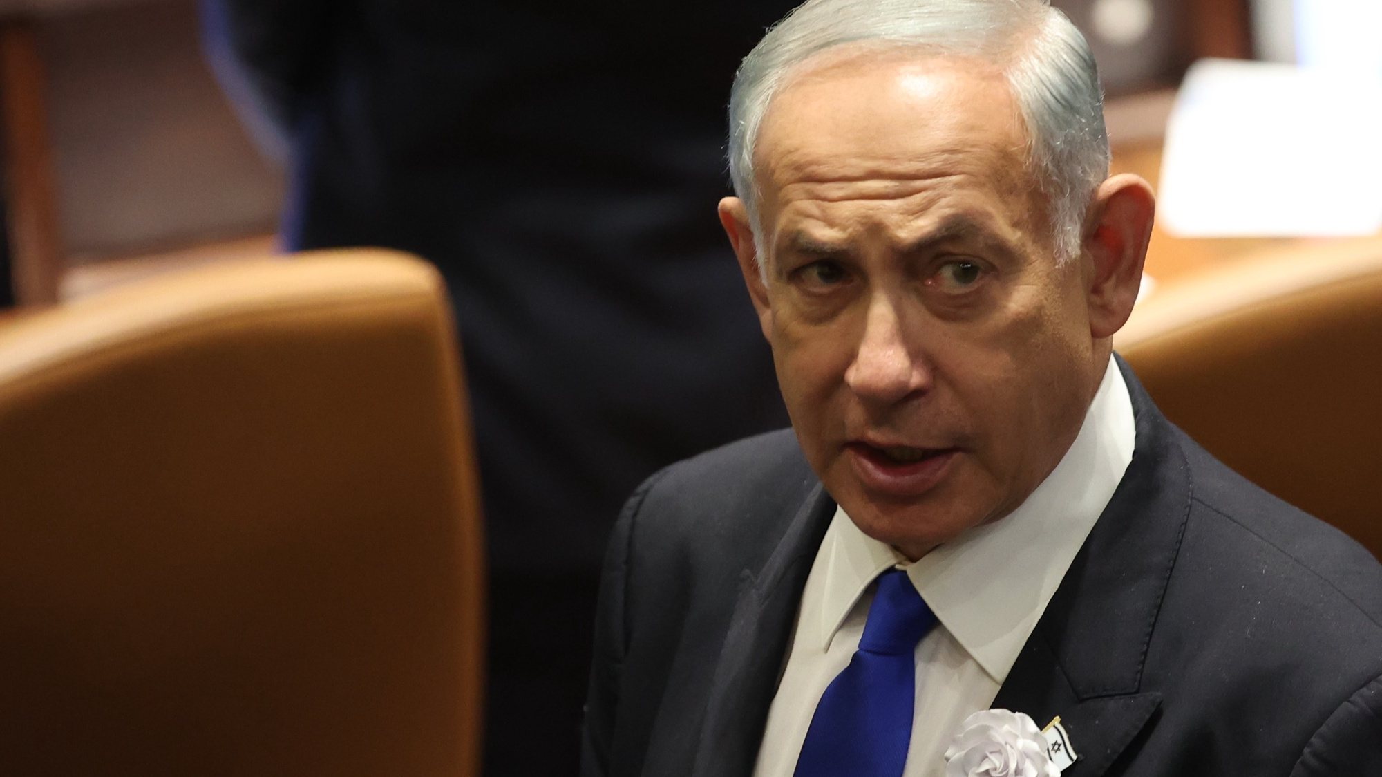 epa10307074 Israeli designate Prime Minister Benjamin Netanyahu during the swearing in ceremony of the new Israeli government, the 25th Knesset in Jerusalem, 15 November 2022.  EPA/ABIR SULTAN / POOL