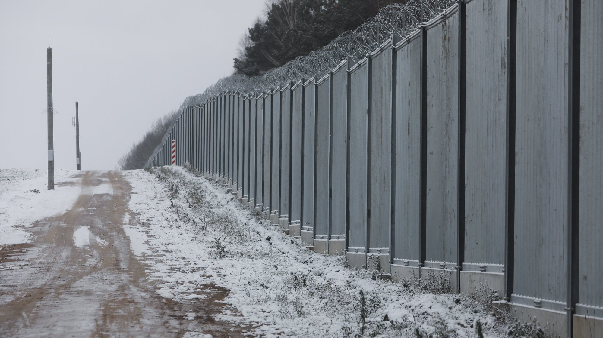 epa10313102 View of a section of the electronic barrier on the Polish-Belarusian border near the village of Nomiki, Poland, 18 November 2022. The head of the Ministry of Interior and Administration, Mariusz Kaminski, announced the completion of works on the first section of the electronic barrier on the border with Belarus.  EPA/ARTUR RESZKO POLAND OUT