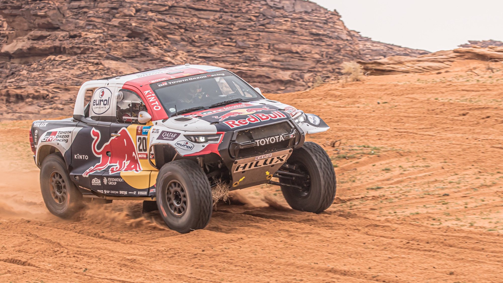 epa10387604 Qatari driver Nasser Al-Attiyah and French co-driver Mathieu Baumel drive their Toyota GR DKR Hilux for Toyota Gazoo Racing during the third stage of the Dakar Rally 2023 from Alula to Ha&#039;il, Saudi Arabia, 03 January 2023.  EPA/Andrew Eaton