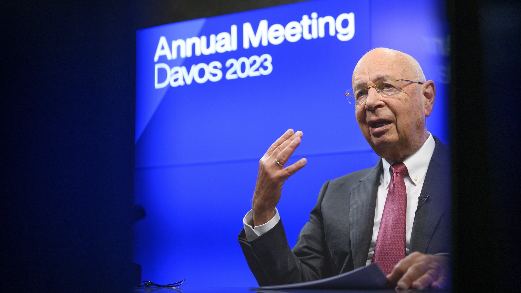 epa10398043 Klaus Schwab, Founder and Executive Chairman of the World Economic Forum (WEF), practices his speech before a virtual media briefing, in Cologny, near Geneva, Switzerland, 10 January 2023. The World Economic Forum unveiled the program for its upcomming Annual Meeting Davos 2023, Switzerland, including the key participants, themes and goals. The WEF 2023 will take place from 16 to 20 January.  EPA/LAURENT GILLIERON