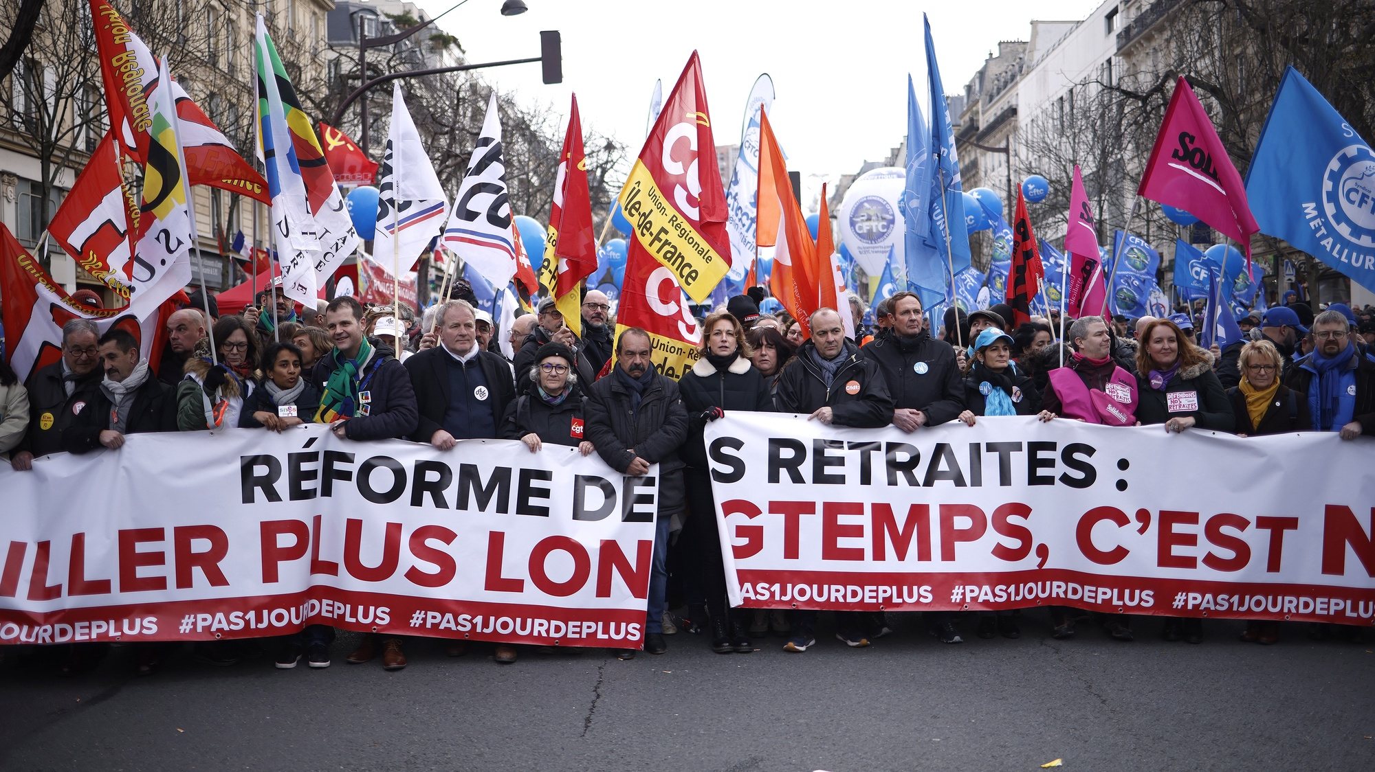 epa10441252 Philippe Martinez (C-L), General Secretary of the General Confederation of Labor CGT, and Laurent Berger (7-R), Secretary General of the French Democratic Confederation of Labour (CFDT), flanked by other union leaders, take part in a rally against the French government&#039;s planned reform of the pension system, in Paris, France, 31 January 2023. The French government plans to delay the minimum retirement age from 62 to 64 by 2030.  EPA/YOAN VALAT