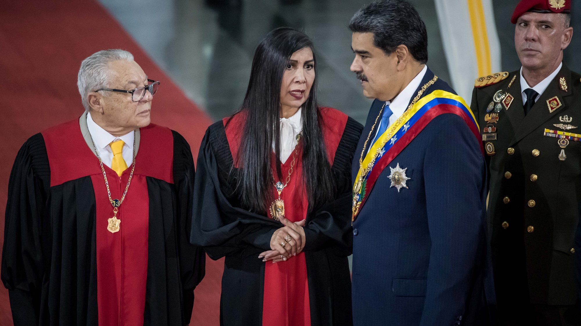 epa10441798 The President of Venezuela, Nicolas Maduro (2-R), and the president of the Supreme Court of Justice, Gladys Gutierrez (2-L), take part in the presentation of the annual report on the activities of judicial bodies, in Caracas, Venezuela, 31 January 2023. The Venezuelan Judiciary increased by 74% the number of sentences issued by specialized and non-specialized courts throughout the country during the past year compared to 2021, said this 31 January the president of the Supreme Court of Justice (TSJ), Gladys Gutierrez, in the presentation of the annual report of the activities of the judicial bodies.  EPA/MIGUEL GUTIERREZ
