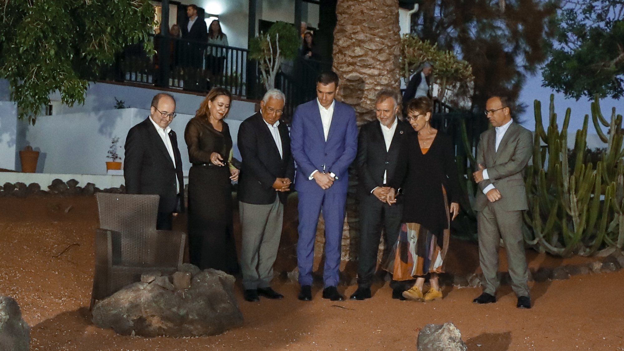 Spanish Primer Minister Pedro Sanchez (C) Portuguese counterpart Antonio Costa (3rd L) ,Portuguese Culture Minister Pedro Adao e Silva (R) and Pilar del Río (2R) during their visit to Jose Saramago Museum, as they honor the late Portuguese writer during the centenary of his birth, in Tias, Lanzarote, Canary Islands, Spain, 14 March 2023. Costa is in Spain to attend the Spanish-Portuguese summit to be held in Lanzarote island on 15 March 2023.  EPA/Elvira Urquijo