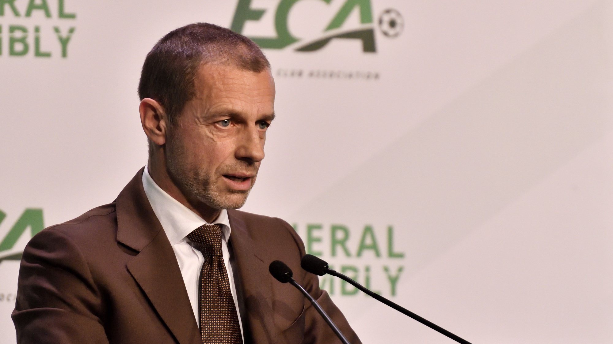 epa10545730 UEFA President Aleksander Ceferin addresses the 29th General Assembly of European Club Association (ECA) in Budapest, Hungary, 27 March 2023.  EPA/Peter Lakatos HUNGARY OUT