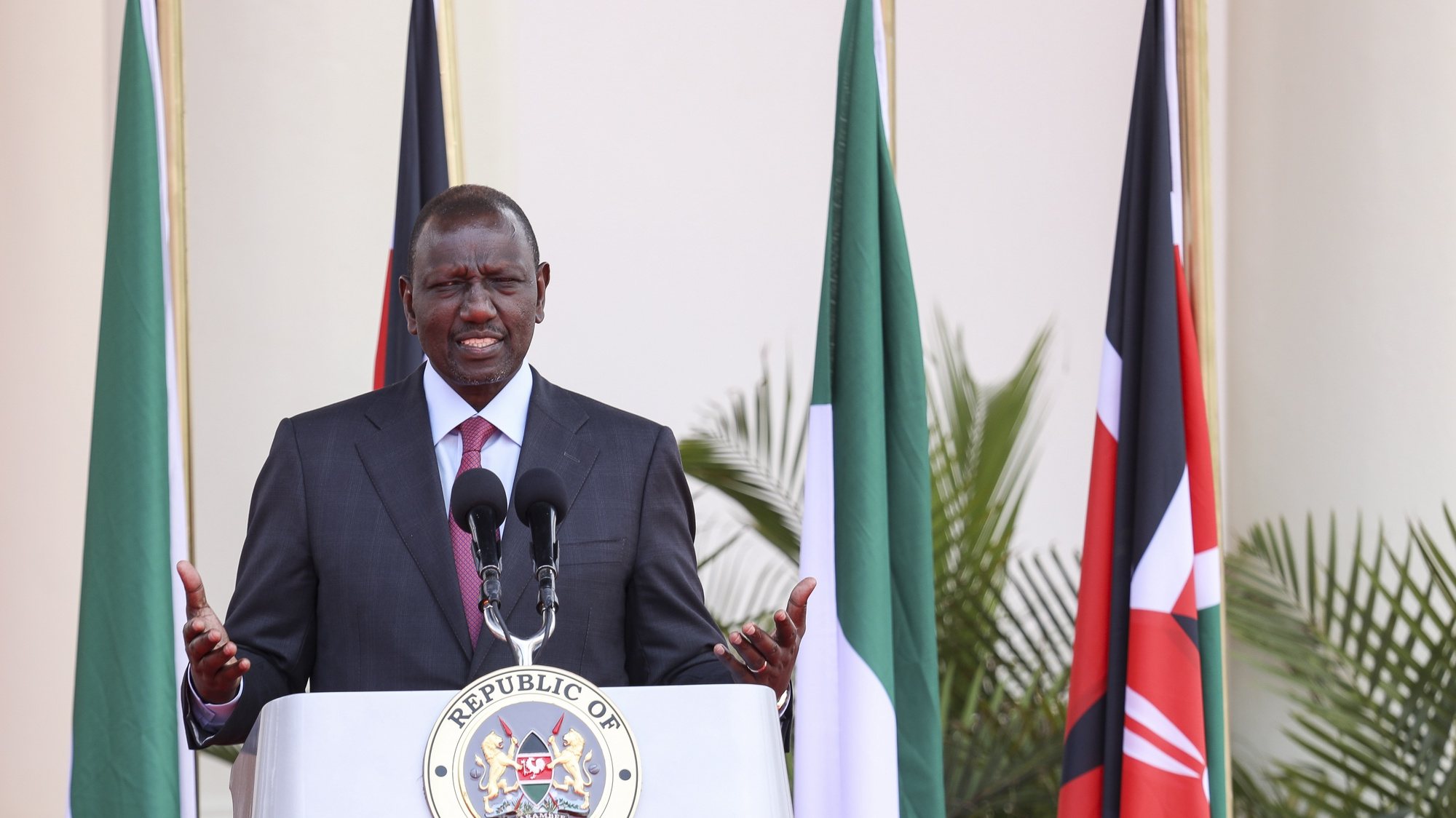 epa10522284 Kenyan President William Ruto addresses the media during a joint press conference with Italy&#039;s President Sergio Mattarella at Statehouse in Nairobi, Kenya, 14 March 2023. Mattarella is in Kenya on an official visit in which he held bilateral talks with Kenyan President Ruto and other state officials to strengthen the diplomatic relations between the two nations.  EPA/DANIEL IRUNGU