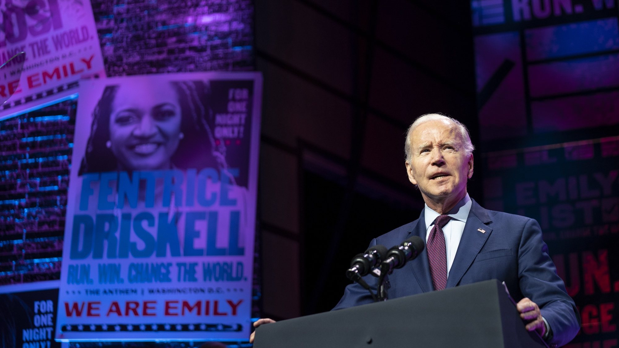 epa10632971 US President Joe Biden delivers remarks during the 2023 Emily’s List Gala at The Anthem in Washington, DC, USA, 16 May 2023.  EPA/Sarah Silbiger / POOL