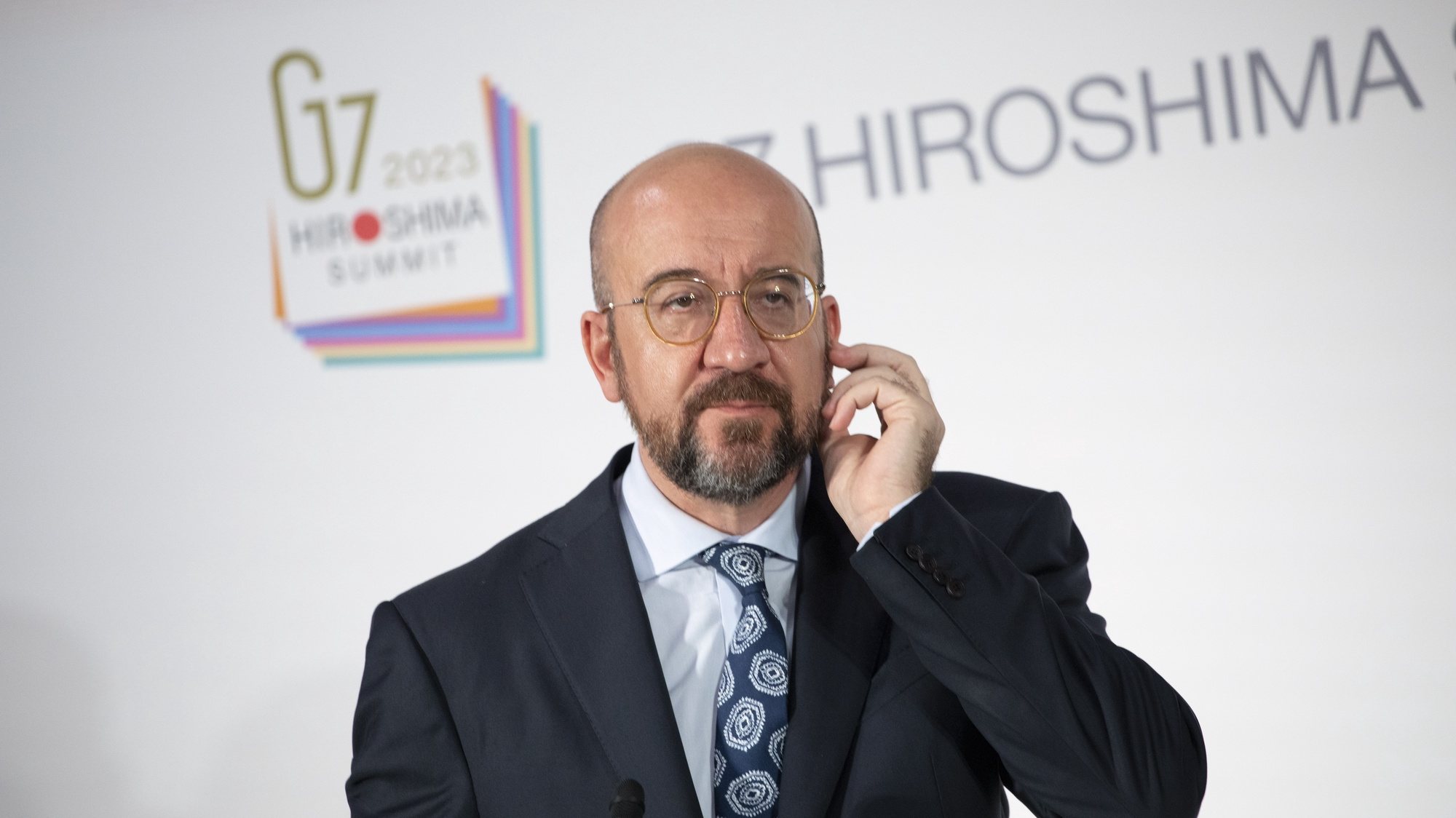 epa10637914 European Council President Charles Michel speaks to reporters during a press briefing on the sidelines of the G7 Hiroshima Summit in Hiroshima, Japan, 19 May 2023. The G7 Hiroshima Summit will be held from 19 to 21 May 2023.  EPA/HOW HWEE YOUNG