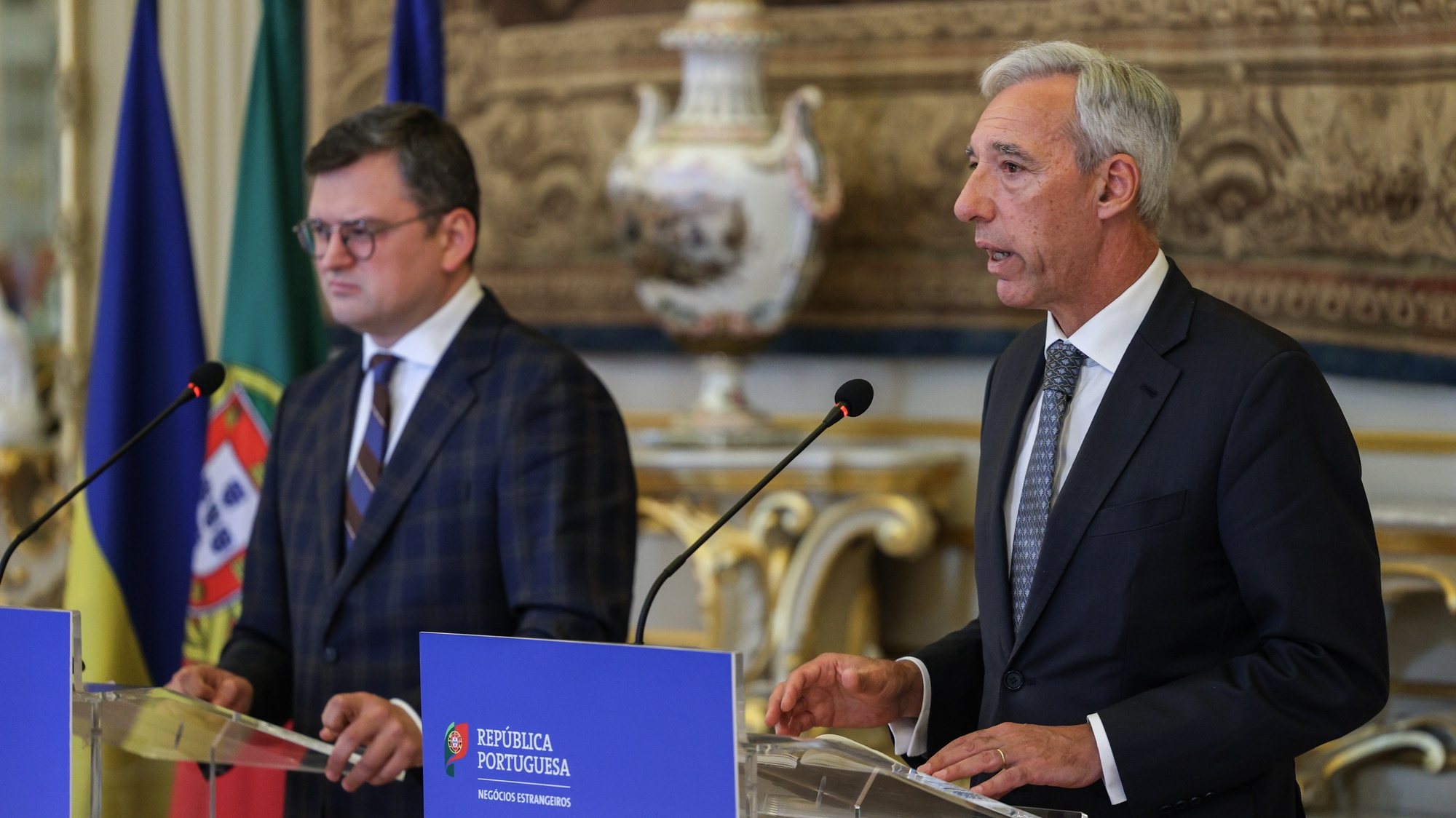 Minister of Foreign Affairs of Portugal Joao Gomes Cravinho (R) accompanied by his counterpart of Ukraine, Dmytro Kuleba (L) during a press conference after their meeting at Necessidades Palace in Lisbon, Portugal 19 May 2023. MIGUEL A. LOPES/LUSA