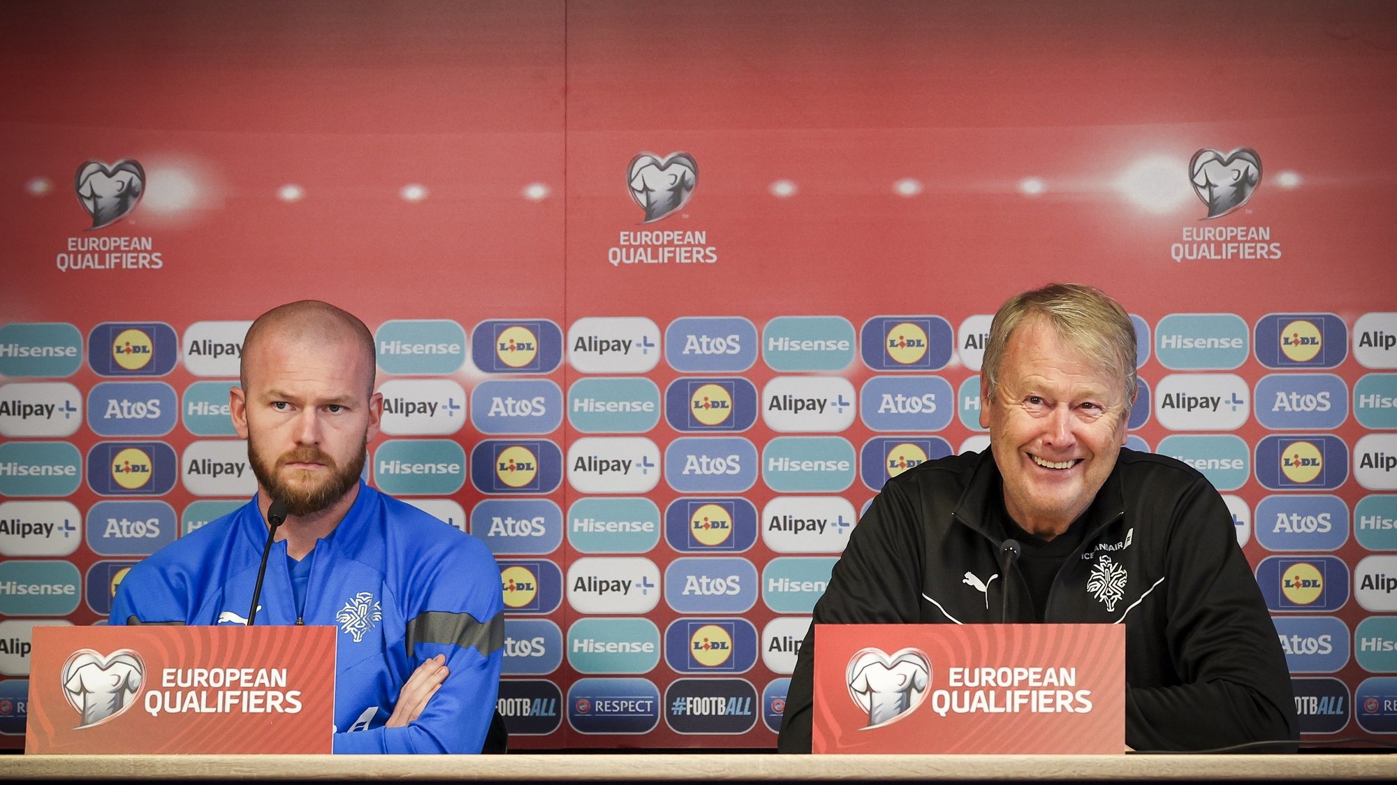 Iceland head coach Age Hareide and his player Aron Gunnarsson attends a press conference ahead of the UEFA Euro 2024 qualifying soccer match between Iceland and Portugal, at Laugardalsvollur Stadium, in Reykjavik, Iceland, 19 June 2023. JOSE SENA GOULAO/LUSA