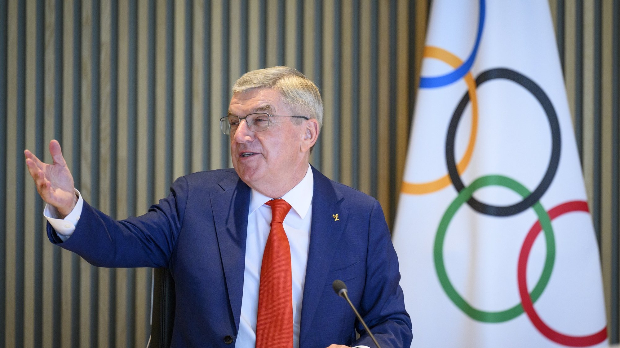 epa10701185 International Olympic Committee (IOC) President Thomas Bach gestures as he speaks at the opening at the opening of the executive board meeting of the International Olympic Committee, at the Olympic House, in Lausanne, Switzerland, 20 June 2023.  EPA/LAURENT GILLIERON