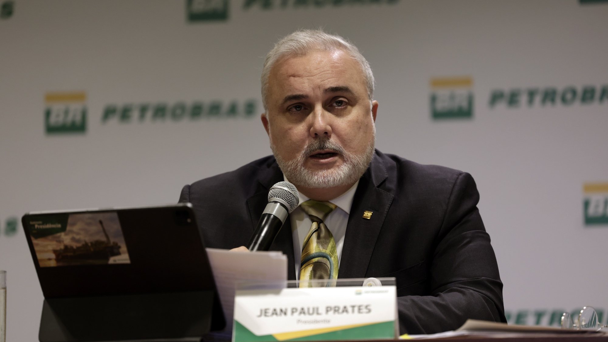 epa10499440 The president of the Petrobras company, Jean Paul Prates, participates in a press conference on the company&#039;s financial results, in Rio de Janeiro, Brazil, 02 March 2023. Petrobras announced on 01 March a record profits of 188,328 million reais (about 36,286 million dollars) for 2022.  EPA/Antonio Lacerda
