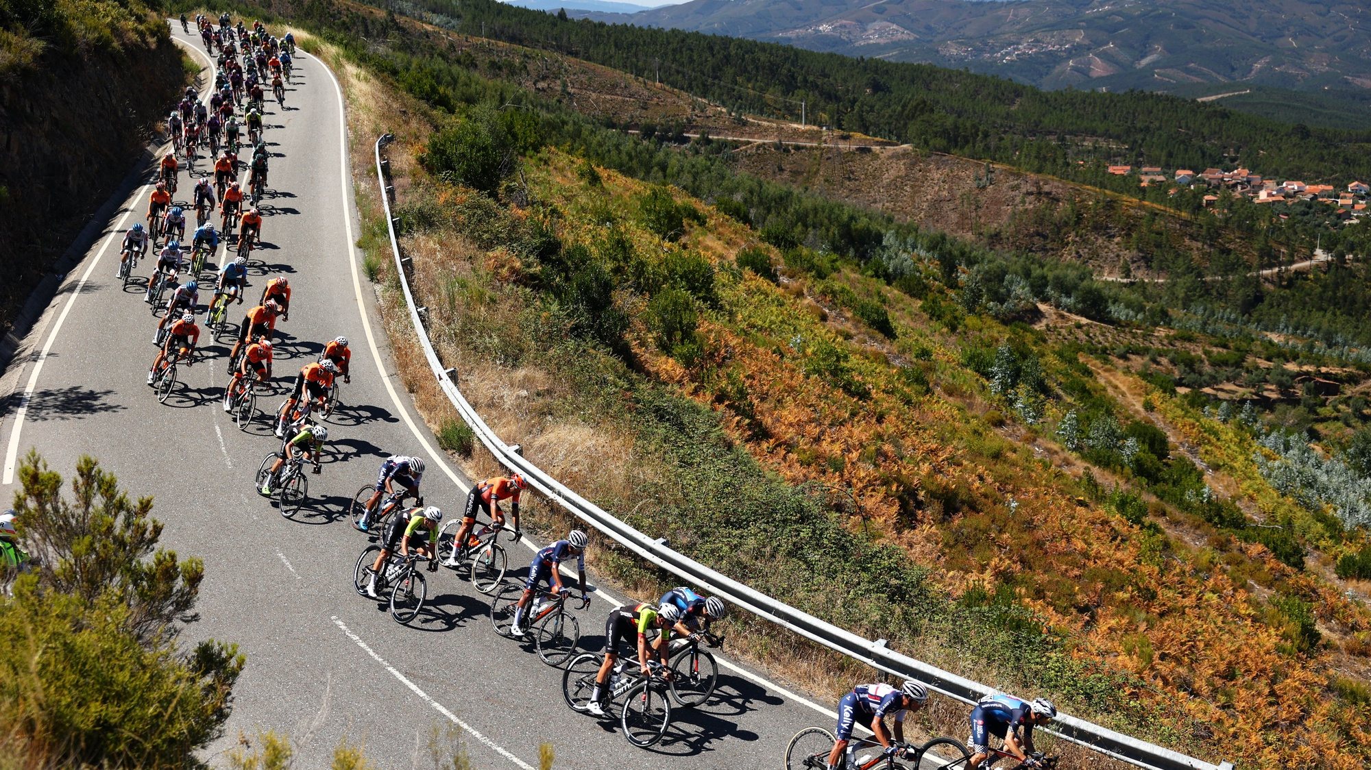 The peloton during the 5th stage of the 84rd Portugal Cycling Tour over 184.3Km between Macao and Covilha (Torre), Portugal, 14 August 2023. NUNO VEIGA/LUSA