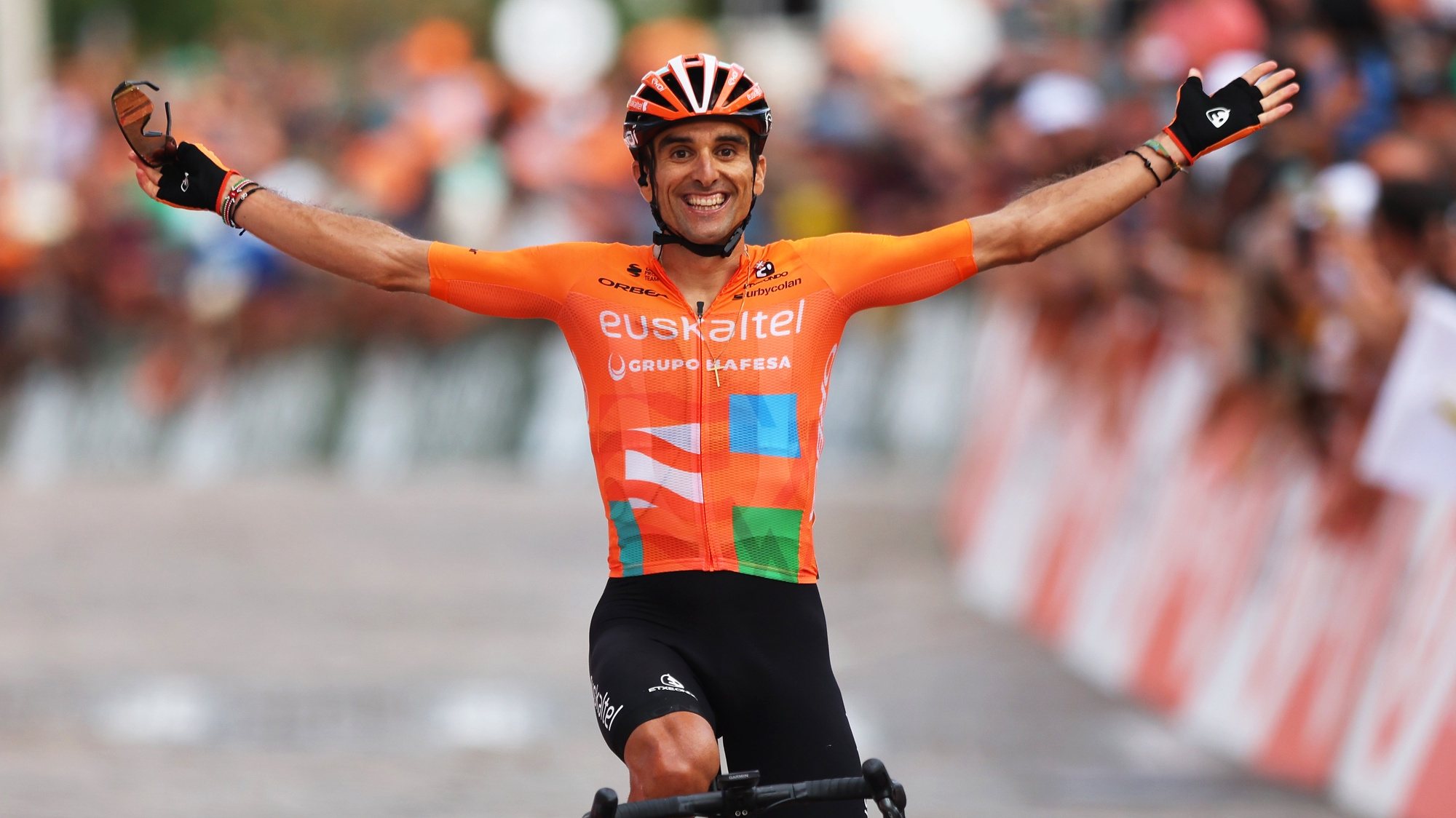 Spanisg rider  Luis Angel Mate of Euskaltel-Euskadi celebrates after winning the 6th stage of the 84rd Portugal Cycling Tour with over 168,5Km between Penamacor and Guarda, Portugal, 15th August 2023. NUNO VEIGA/LUSA