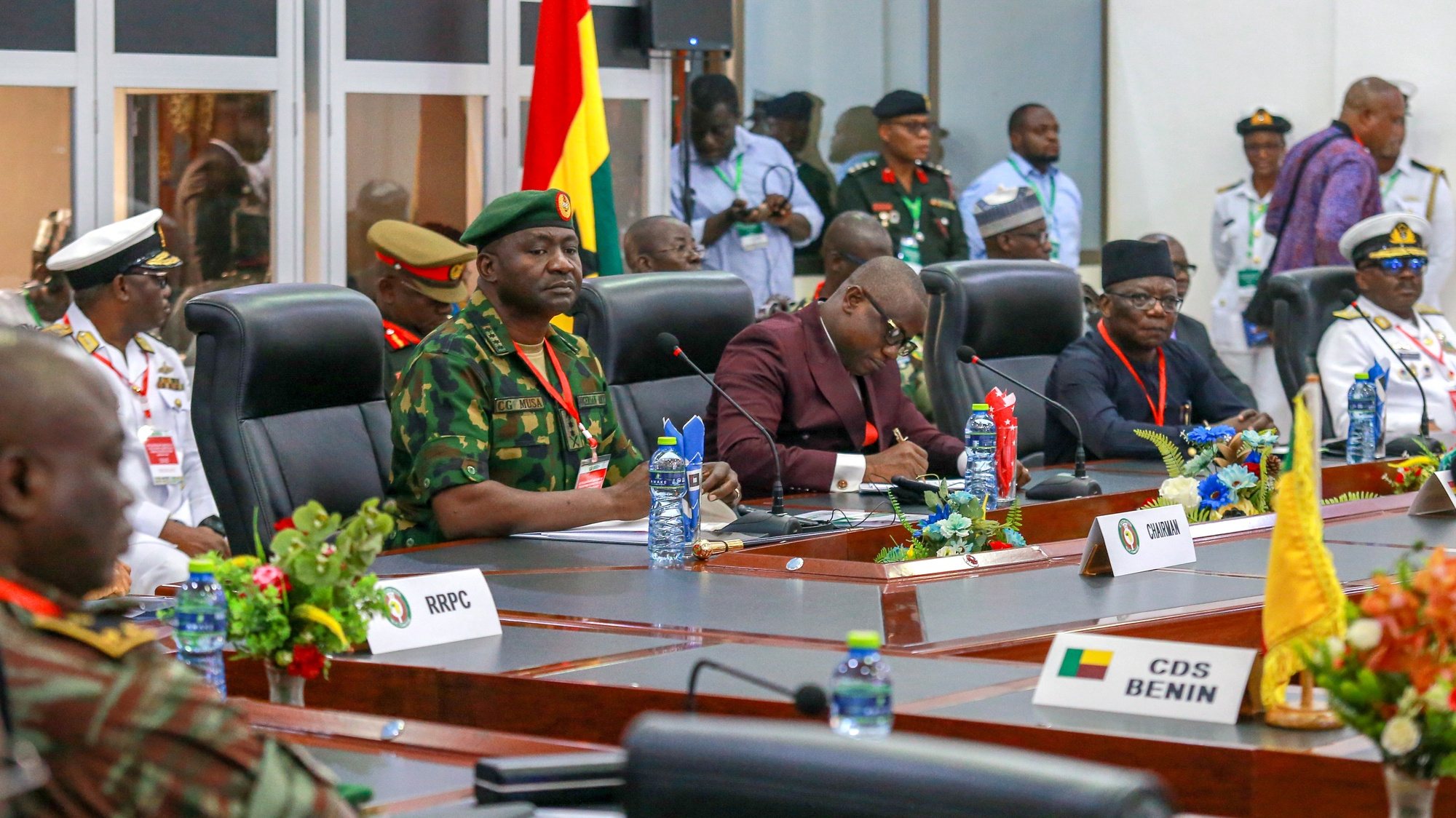 epa10804179 General Christopher Musa, Chief of Defence Staff of Nigeria (2-L) sits next to Ghana&#039;s Defence Minister Dominic Nitiwul (C) and Abdel-Fatau Musah (2-R), Commissionner of ECOWAS, as they attend the Extraordinary Meeting Of The Economic Community of West African States (ECOWAS) Committee Of Chiefs of The Defence Staff, in Accra, Ghana, 17 August 2023. The meeting, excluding Mali, Burkina Faso, Chad, Guinea and Niger, takes place a week after ECOWAS said a â€˜standby forceâ€™ could be used to restore democratically elected President Bazoum of Niger who has been held under house arrest with his wife and son since he was overthrown by the armed junta on 26 July 2023.  EPA/CHRISTIAN THOMPSON