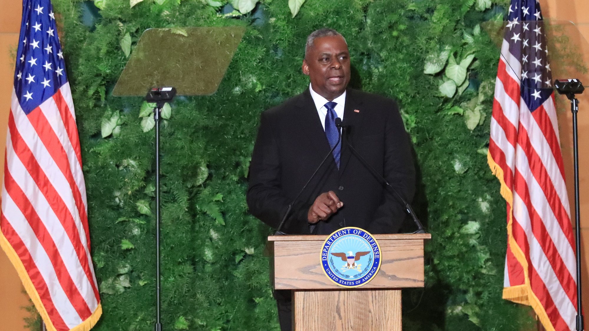 US Defence Secretary Lloyd Austin speaks during a press conference on the new angles of US policy towards Africa under the theme &quot;The power of partnership&quot;, at the Auditorium of the National Historical Archives of Angola, in Camama, Luanda, 27 September 2023. AMPE ROGERIO/LUSA