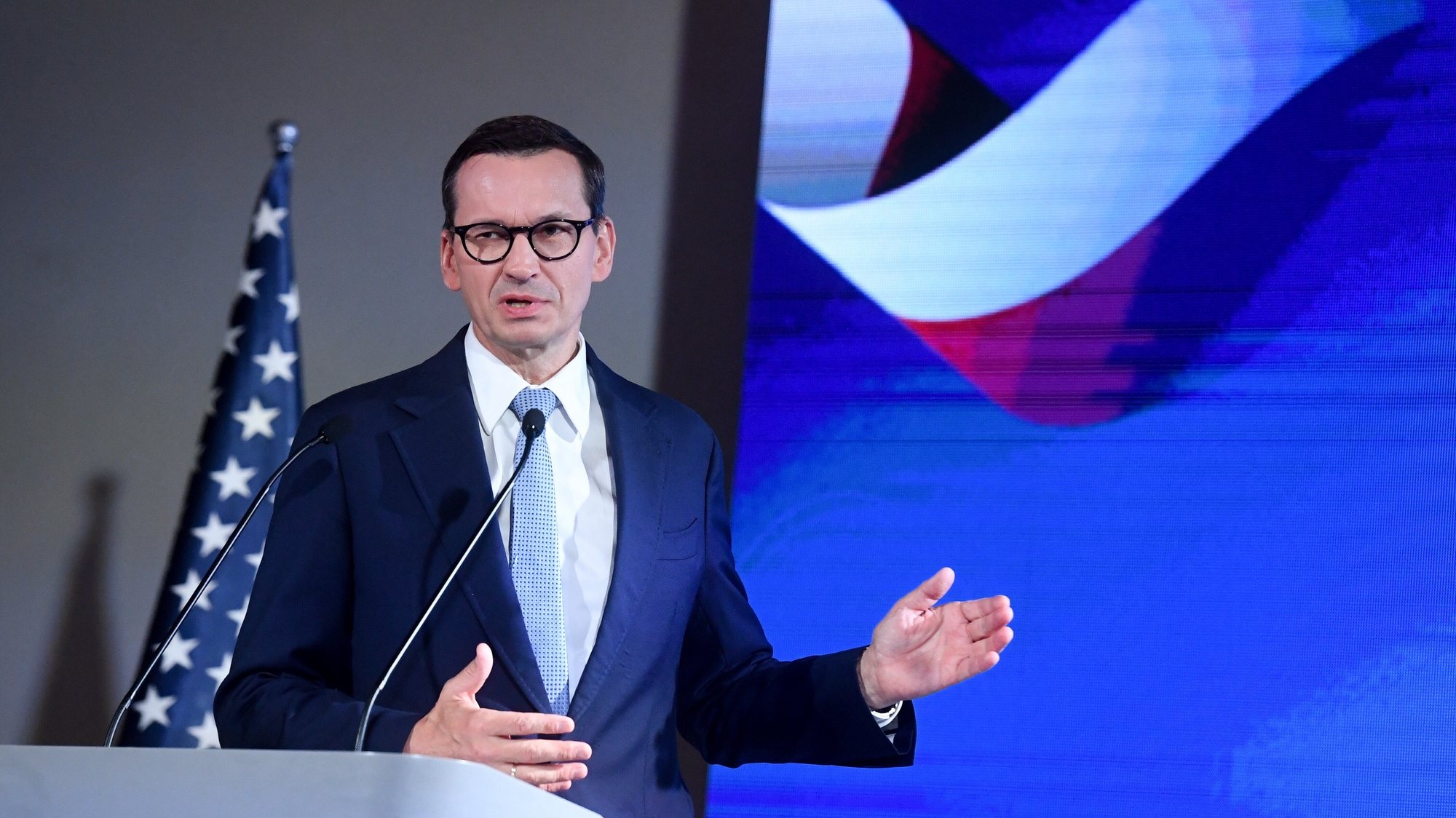 epa10885876 Polish Prime Minister Mateusz Morawiecki speaks during a ceremony of signing a design agreement for Poland&#039;s first nuclear power plant at the Kubicki Arcades in Warsaw, Poland, 27 September 2023. Polskie Elektrownie Jadrowe (Polish Nuclear Plants, a state owned company) has signed a contract to design the first nuclear power plant in Poland with a consortium of Westinghouse -Bechtel.  EPA/PIOTR NOWAK POLAND OUT
