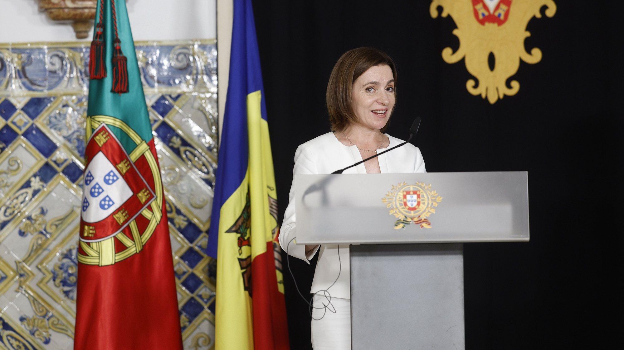 Moldovan President Maia Sandu, flanked by Portuguese President Marcelo Rebelo de Sousa (not in picture), attend a press conference at Belem Palace, Lisbon, Portugal, 03 October 2023. The President of the Republic of Moldova Maia Sandu is making a state visit on October 2-4 to the Portuguese Republic to promote country&#039;s accession to the European Union and to deepen bilateral relations. ANTÓNIO PEDRO SANTOS/LUSA