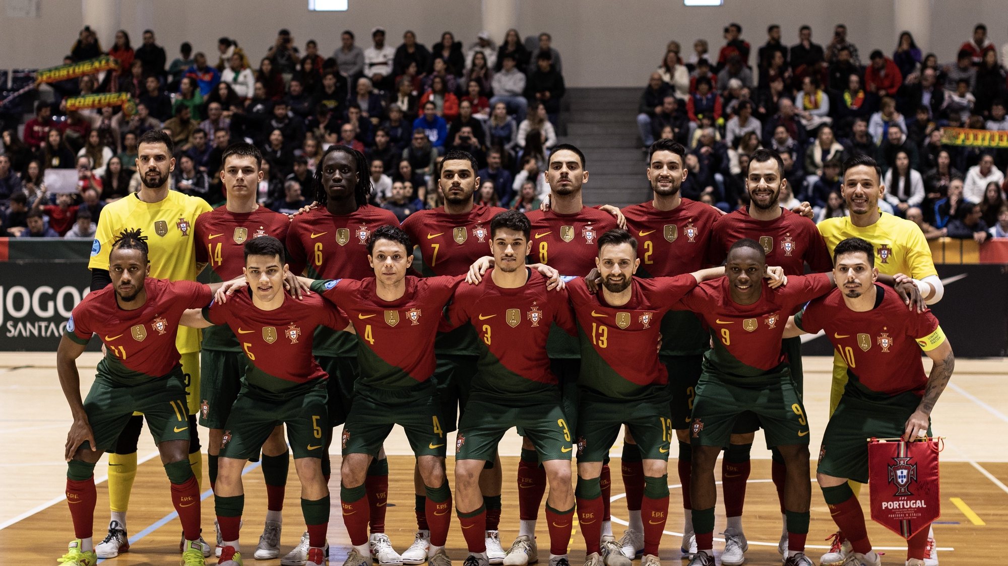 Portugal players line up for a photocall during a friendly futsal match against Italy ahead of Futsal World Cup 2024 preparation, at Vila do Conde Pavillion, Porto, Portugal, 14 April 2023. JOSE COELHO/LUSA