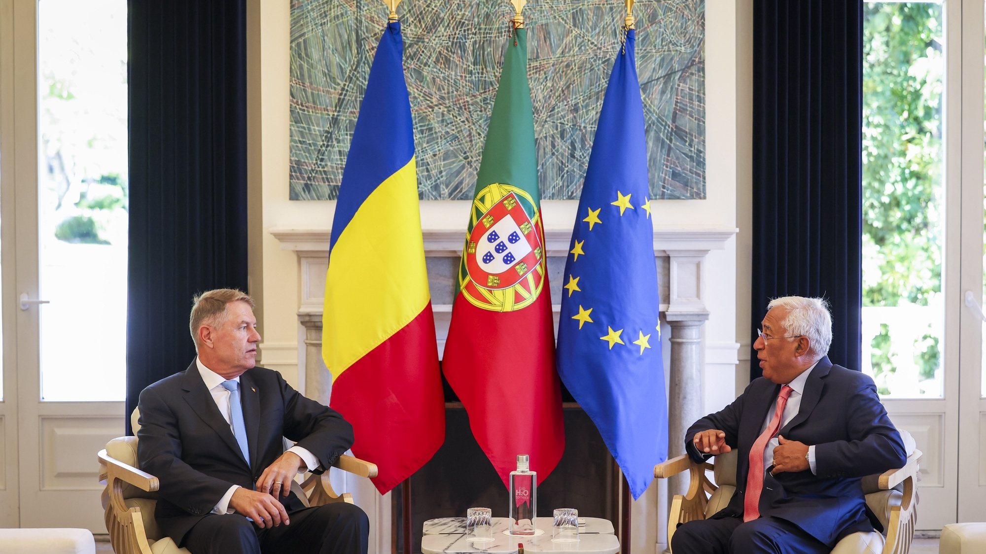 The Prime Minister of Portugal, Antonio Costa (R) with Romania President Klaus Iohannis (L) during a meeting at Sao Bento Palace, Lisbon, Portugal 09 October 2023. The President of Romania is making a state visit til October 9 and the agenda includes talks on increased cooperation in the field of defence and further political-diplomatic and sectoral collaboration, with a focus on intensifying trade, investment and energy, digitalisation, health, education, and culture. JOSE SENA GOULAO/LUSA