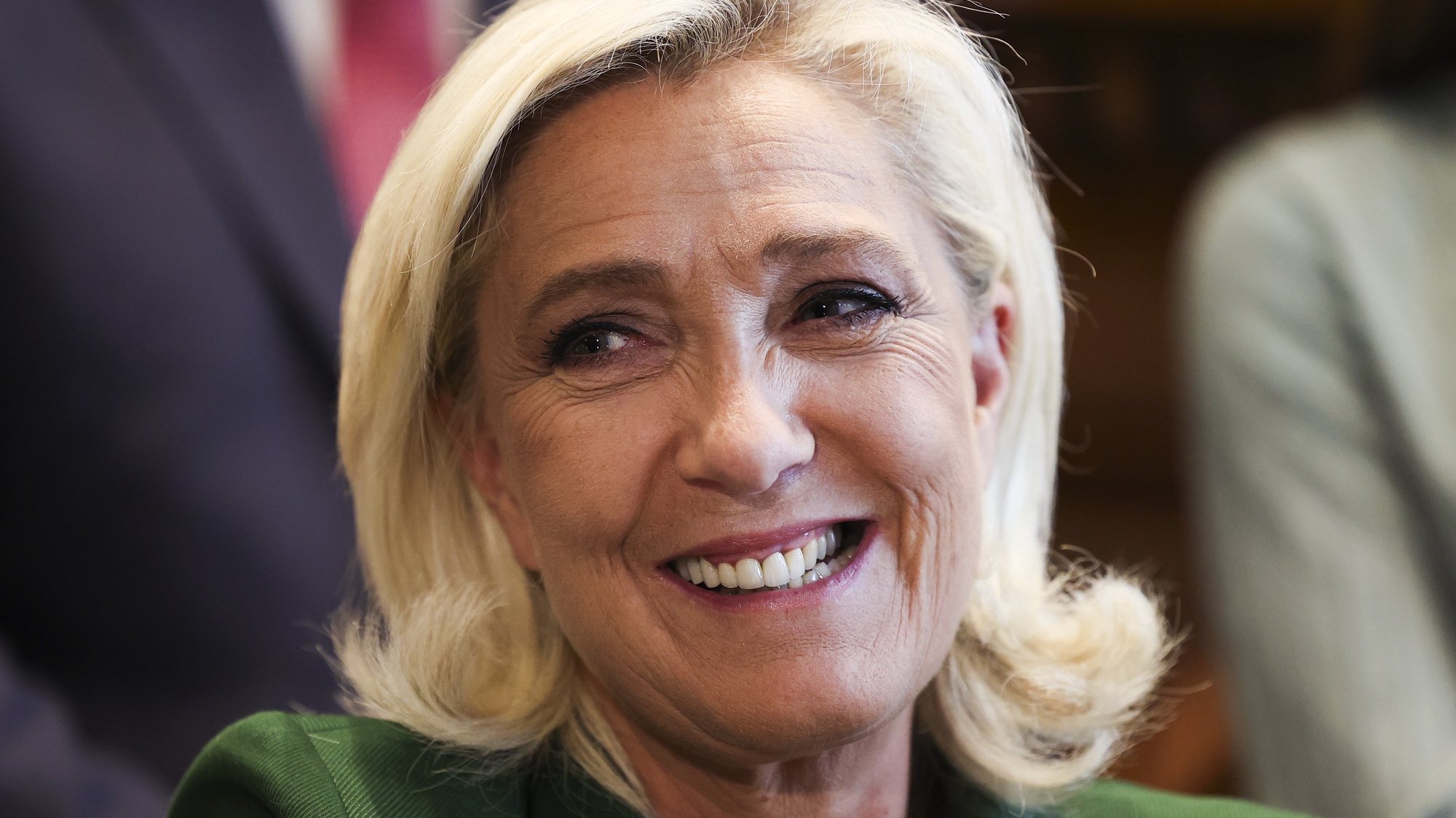 The leader of French parliamentary group from Rassemblement National, Marine Le Pen (R), during a joint press conference with the leader of far-right portuguese party Chega, Andre Ventura, and  the German politician of the far-right Alternative for Germany (AfD ) Tino Chrupalla, held at the Portuguese Parliament, in Lisbon, Portugal, 24 November 2023. JOSE SENA GOULAO/LUSA