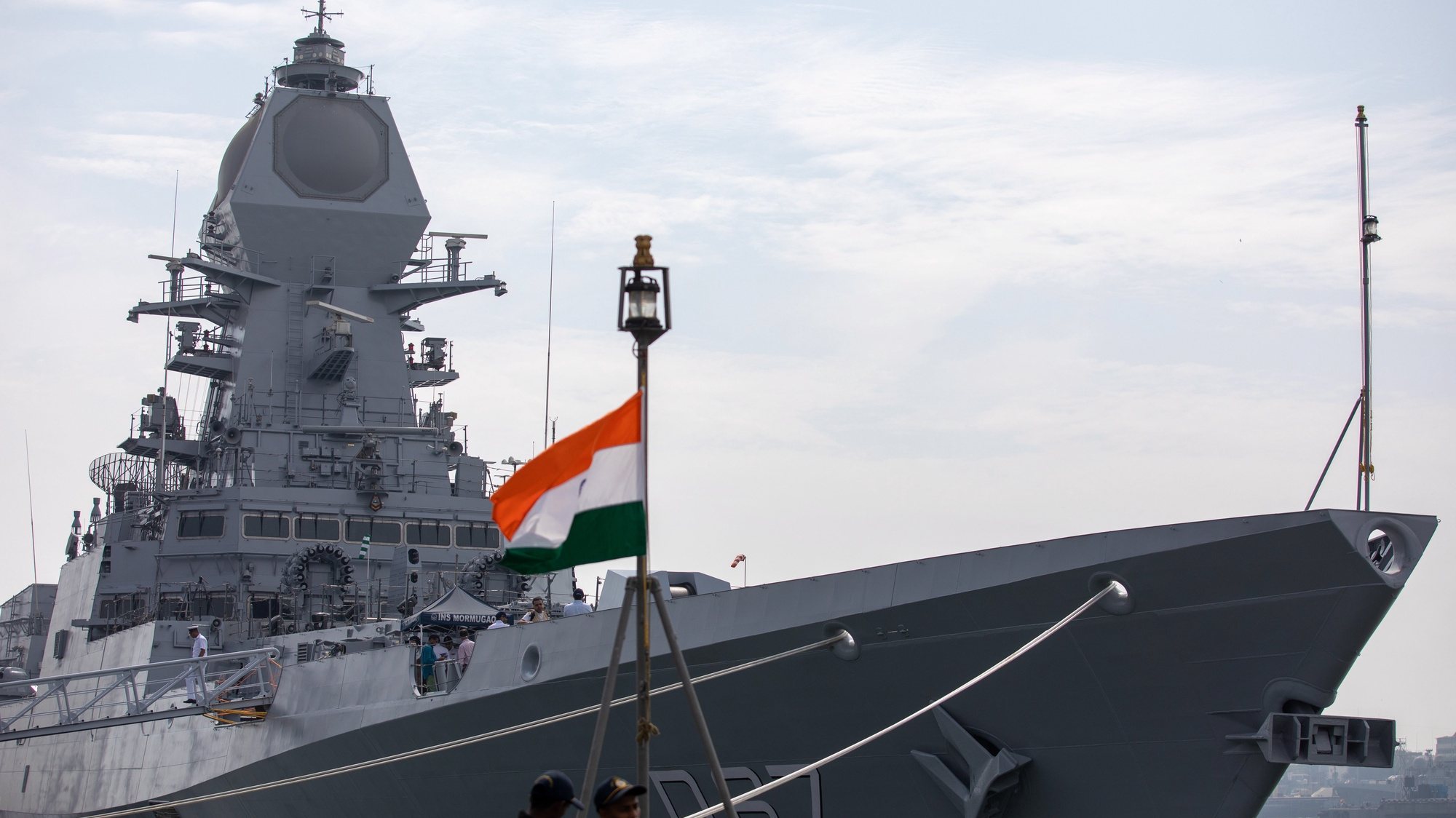 epa10369478 A general view of the INS Mormugao (D67) stealth guided-missile destroyer during a media preview at the Naval Dockyard in Mumbai, India, 15 December 2022 (issued 17 December 2022). The INS Mormugao, the second stealth guided-missile destroyer of Project 15B, is scheduled to be commissioned into the Indian Navy on 18 December.  EPA/DIVYAKANT SOLANKI