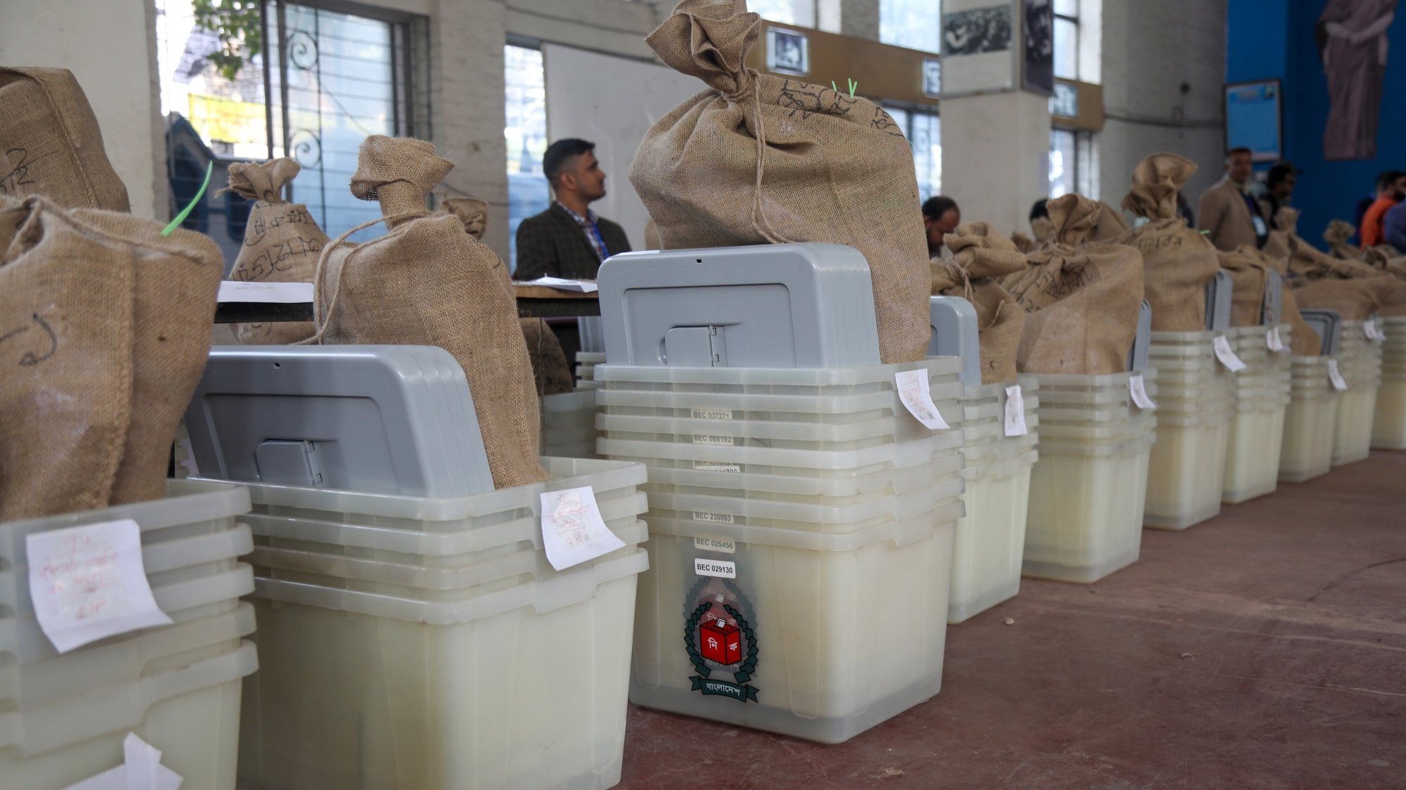 epa11060678 Voting materials and ballot boxes are seen at Willes Little Flower School before being distributed to a polling center ahead of the 12th general election in Dhaka, Bangladesh, 06 January 2024. Bangladesh&#039;s general election is scheduled for 07 January 2024.  EPA/MONIRUL ALAM