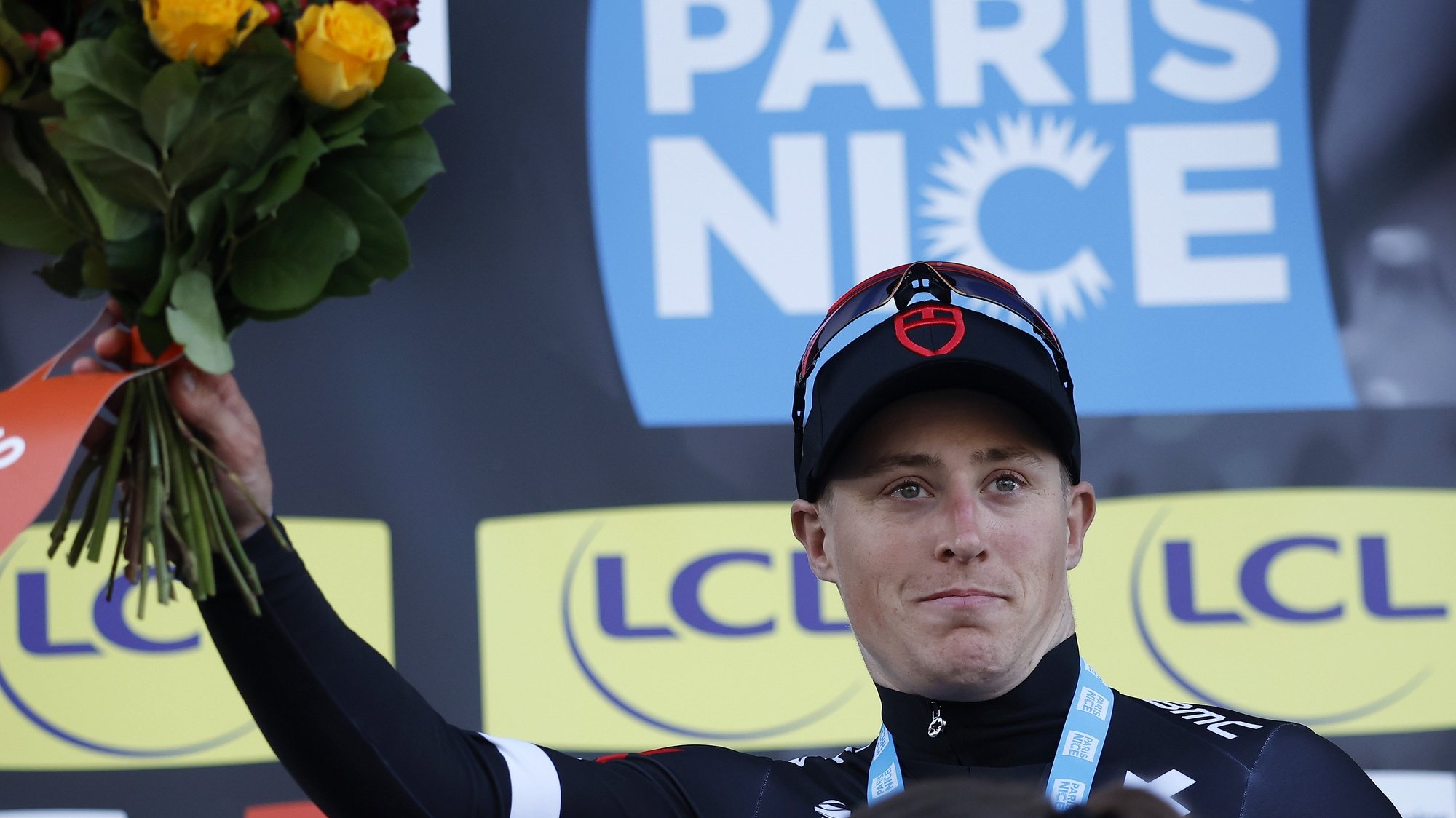epa11198886 Dutch rider Arvid De Kleijn of Tudor Pro Cycling Team celebrates on the podium winning the 2nd stage of the Paris Nice cycling race over 179 km from Thoiry to Montargis, France, 04 March 2024.  EPA/YOAN VALAT Alternative crop