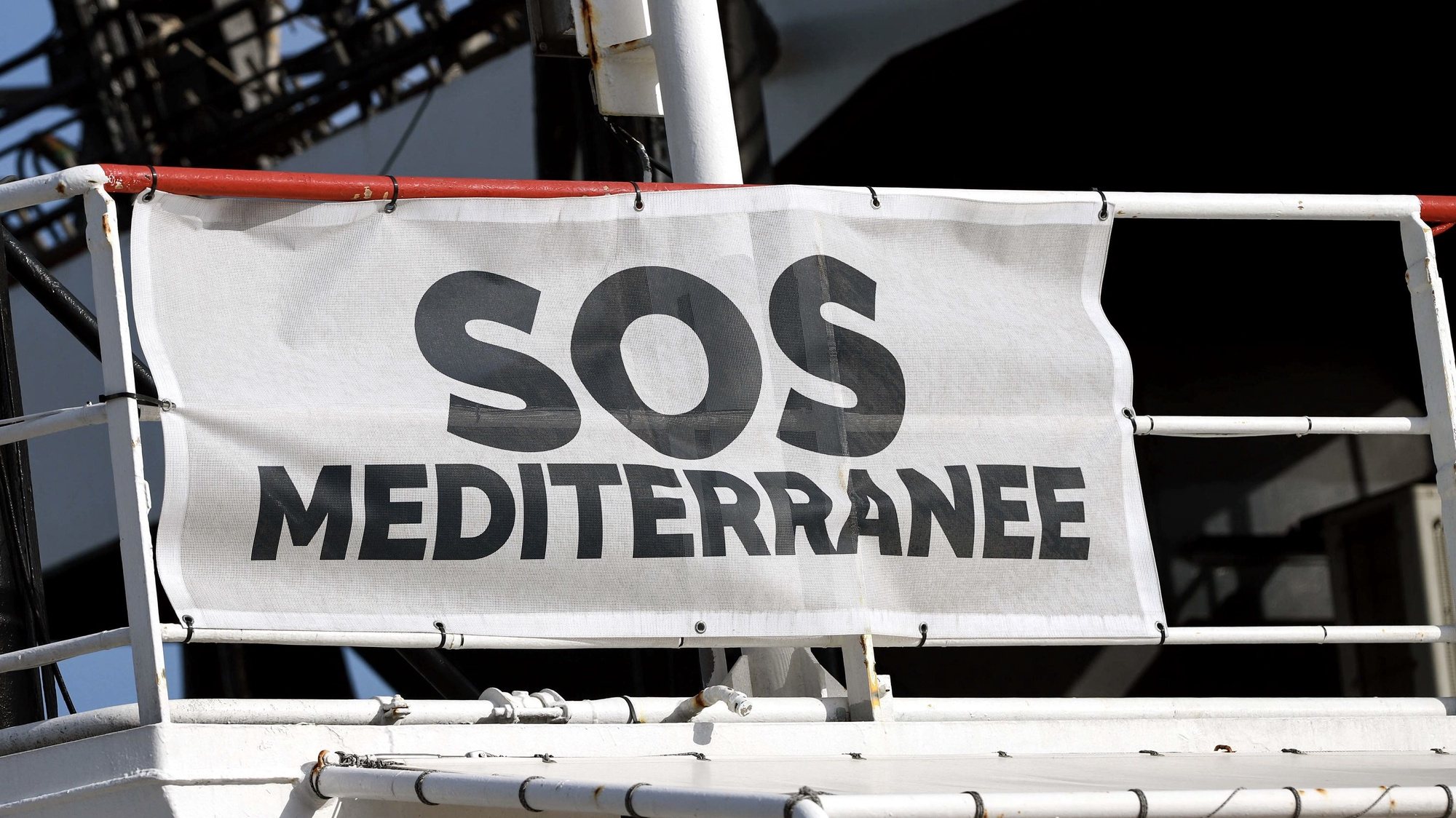 epa11049483 Signage of the SOS Mediterranee organization is seen on the humanitarian ship Ocean Viking upon its arrival at the port of Bari, Italy, 30 December 2023. The Ocean Viking ship entered the port of Bari with 244 migrants on board - including 18 unaccompanied minors, two disabled people and two pregnant women - rescued in recent days in the Libyan SAR (Search and Rescue) area. Some of the migrants will be distributed in Puglia&#039;s centers, while others will go to Calabria.  EPA/DONATO FASANO