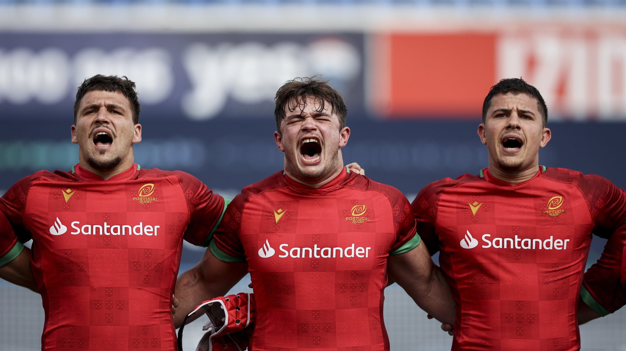 Portuguese players sing the anthem after a Rugby Europe Championship 2024 match in Lisbon, Portugal, 03 march 2024. FILIPE AMORIM/LUSA
