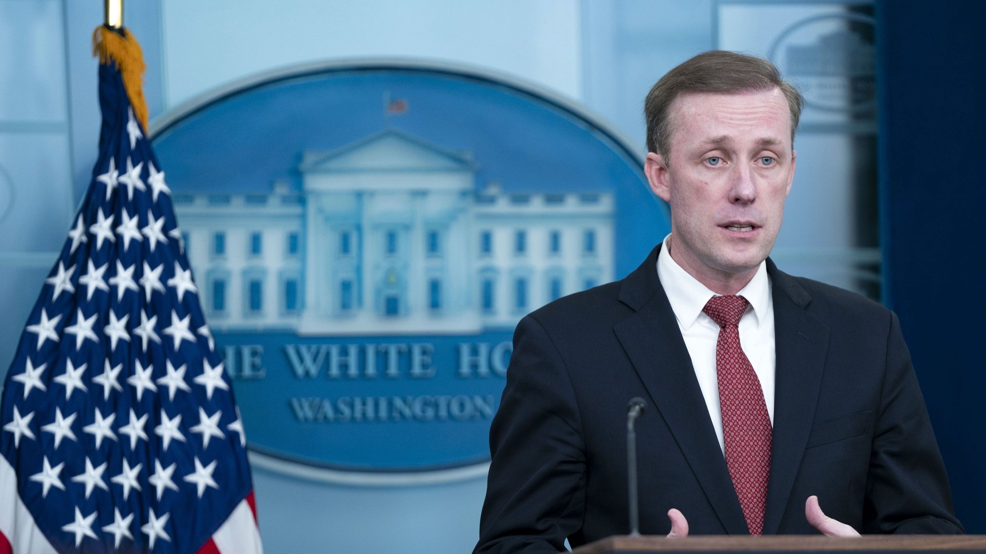 epa11268334 US National Security Advisor Jake Sullivan speaks during the daily press briefing in the James S. Brady Briefing Room at the White House in Washington, DC, USA, 09 April 2024.  EPA/BONNIE CASH / POOL