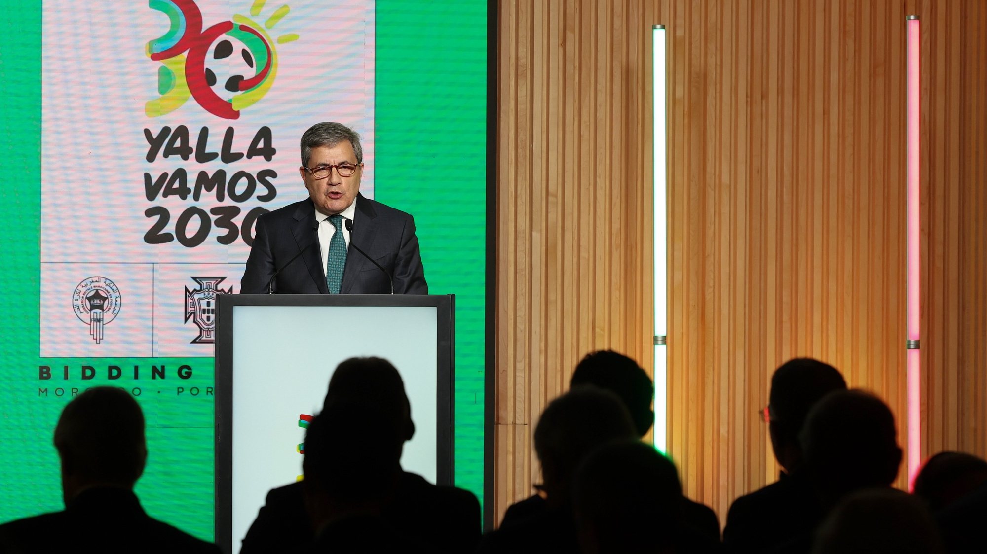 epa11229982 The president of the Portuguese Soccer Federation, Fernando Gomes, speaks during an event where the logo and video for the Morocco–Portugal–Spain 2030 FIFA World Cup bid were presented, in Oeiras, Portugal, 19 March 2024.  EPA/JOSE SENA GOULAO