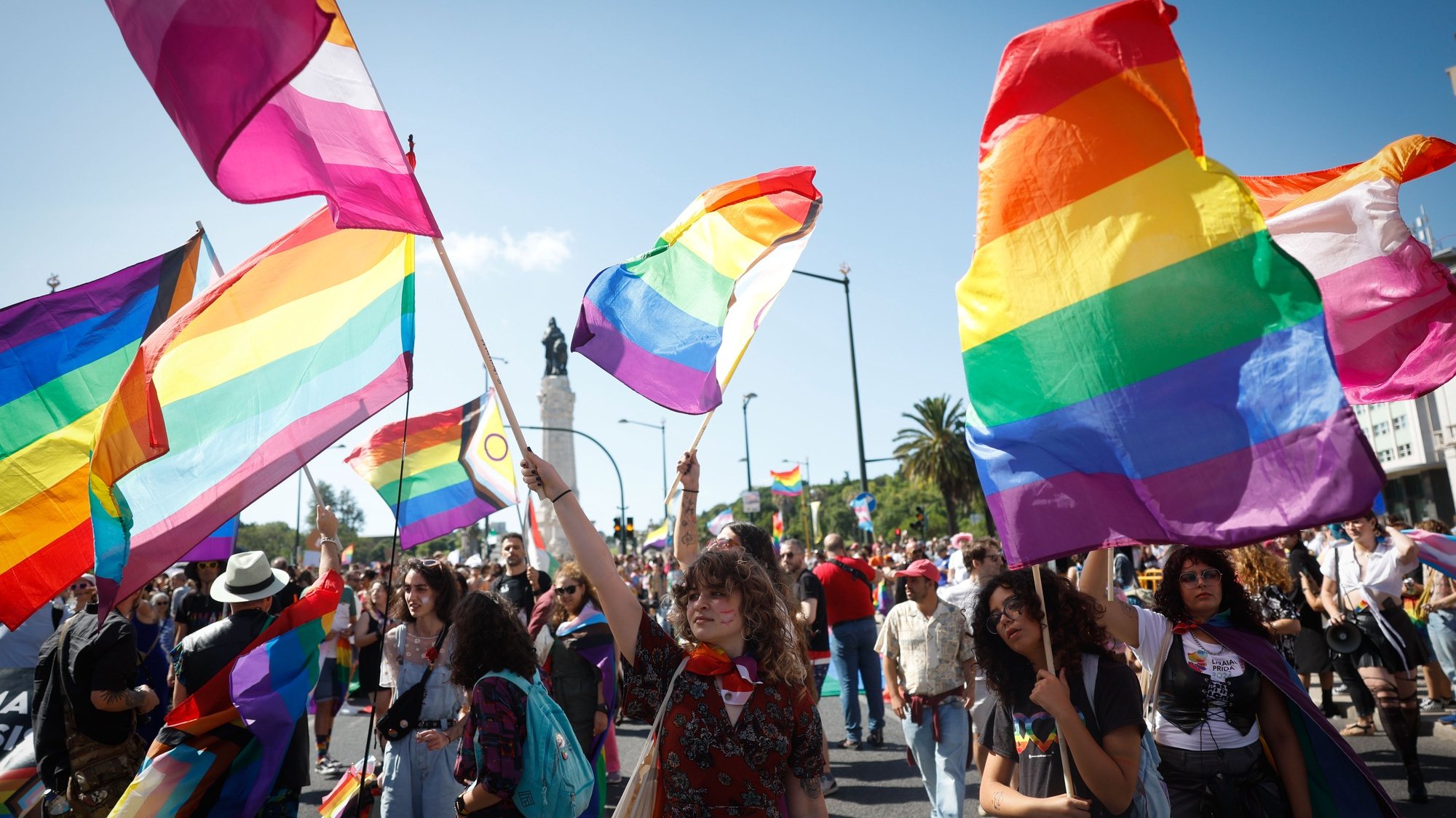 People take part in the 25th Lisbon Pride Parade, in Lisbon, Portugal, 06 July 2024. The Lisbon Pride LGBT parade takes place in the Portuguese capital against the discrimination of people with various sexual orientations. ANTONIO PEDRO SANTOS/LUSA