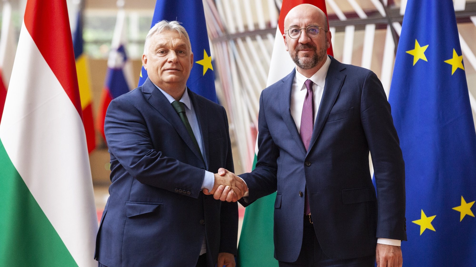 epa11450035 EU Council President Charles Michel (R) welcomes Hungarian Prime Minister Viktor Orban (L) prior to their meeting in Brussels, Belgium, 01 July 2024. Hungarian Prime Minister Viktor Orban is visiting Brussels as Hungary takes over the Presidency of the European Union from 01 July.  EPA/NICOLAS LANDEMARD