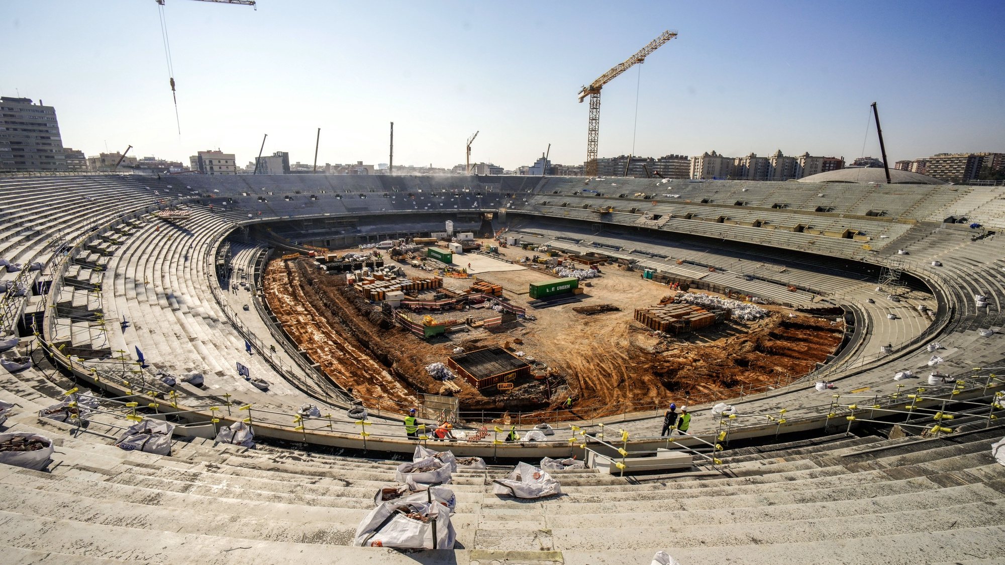 epa11139265 A general view of renovation works at the Camp Nou stadium in Barcelona, Spain, 09 February 2024. Camp Nou, branded as Spotify Camp Nou, is under renovation and the remodeling works are expected to be completed in the summer of 2026.  EPA/ENRIC FONTCUBERTA