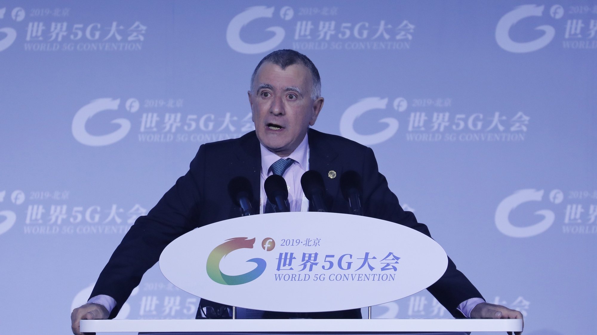 epa08013739 Nicolas Chapuis, European Union Ambassador to China, speaks at the 2019 World 5G Convention in Beijing, China, 21 November 2019. The event runs from 20 through to 23 November 2019. China has built over 100,000 5G base stations around the country.  EPA/WU HONG
